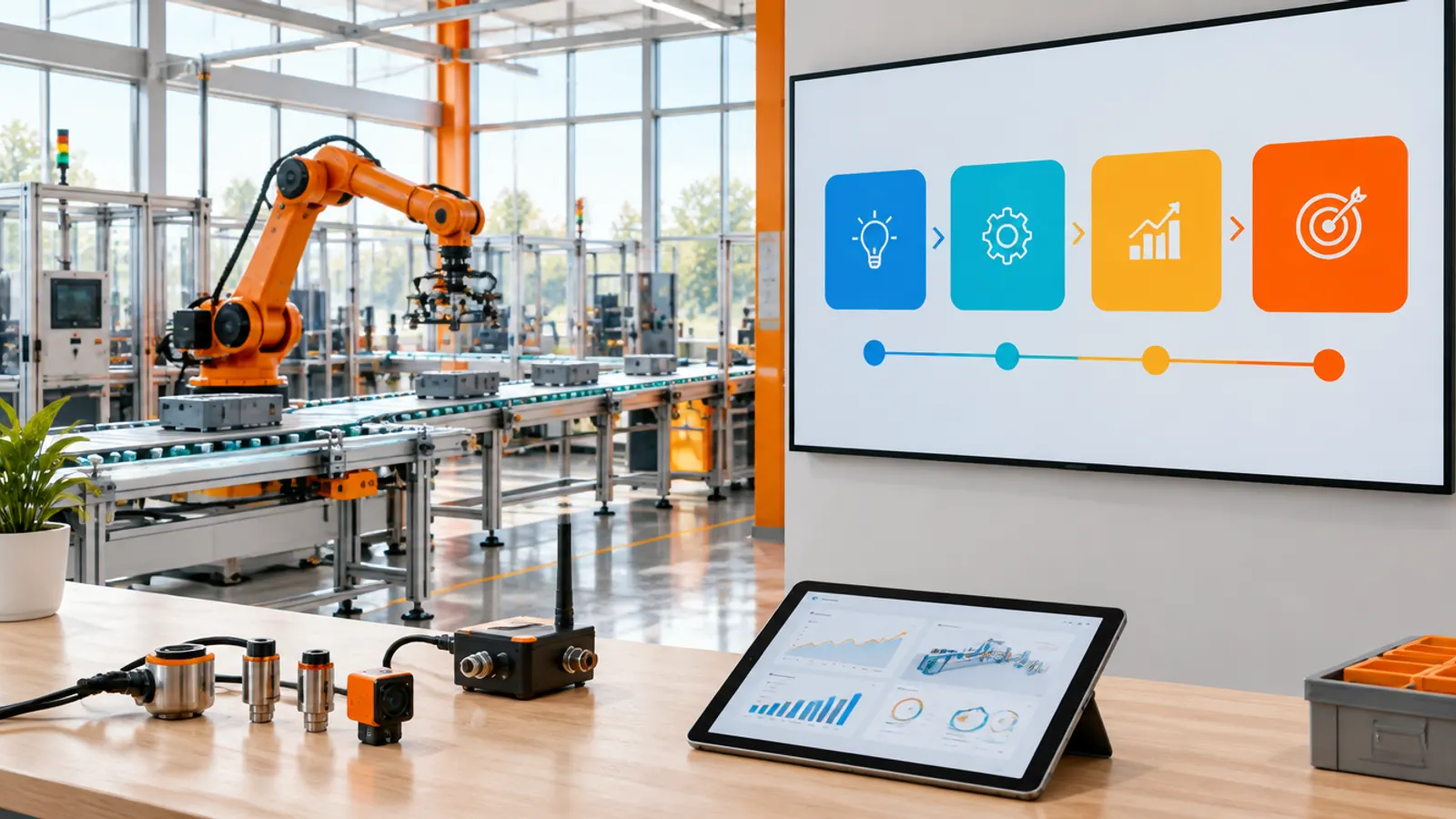 A factory floor with a robotic arm and a wall screen showing a four-stage roadmap in blue to orange