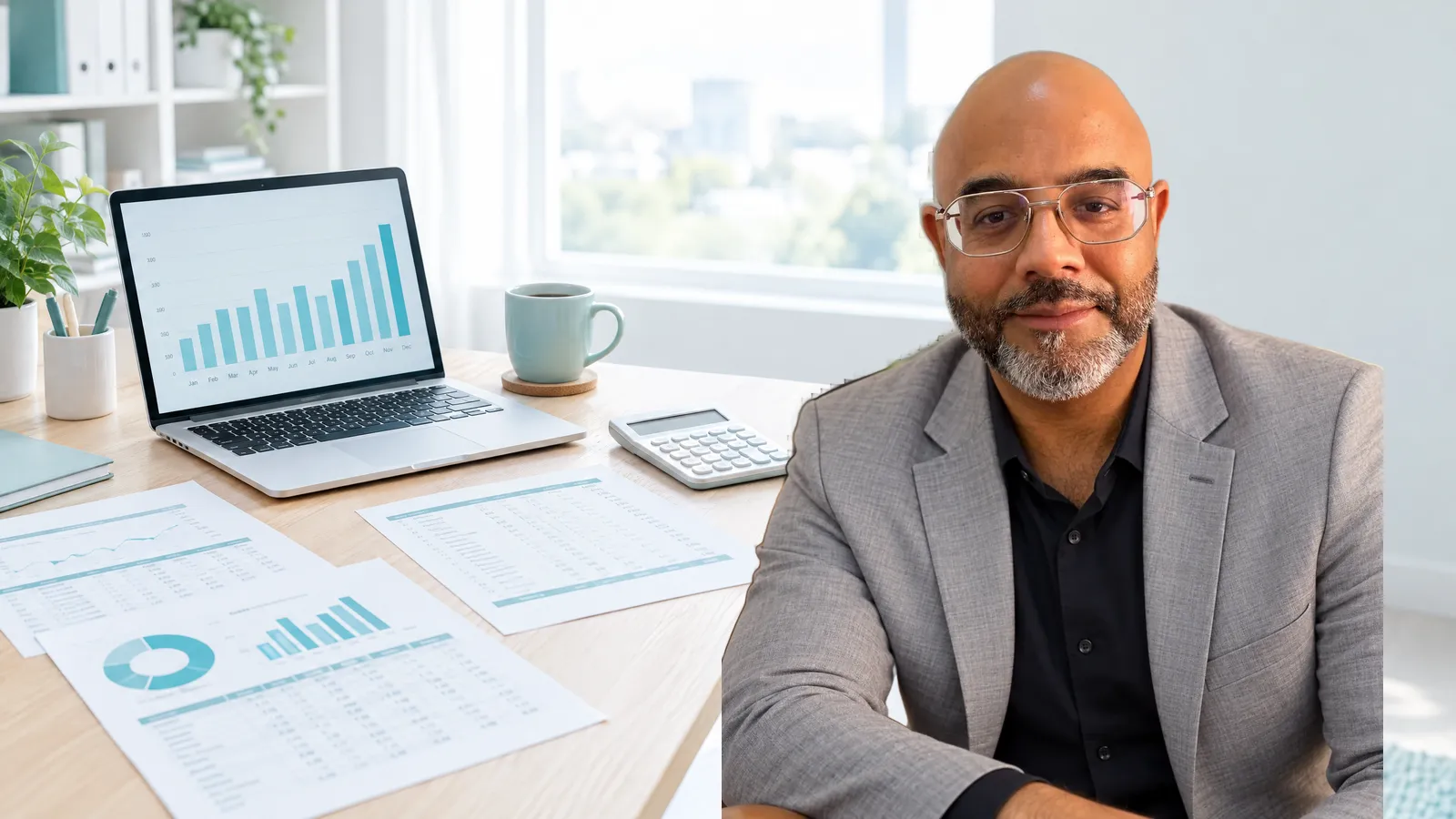 Noel D'Costa beside a desk with cloud cost reports, a calculator and a laptop showing monthly spend