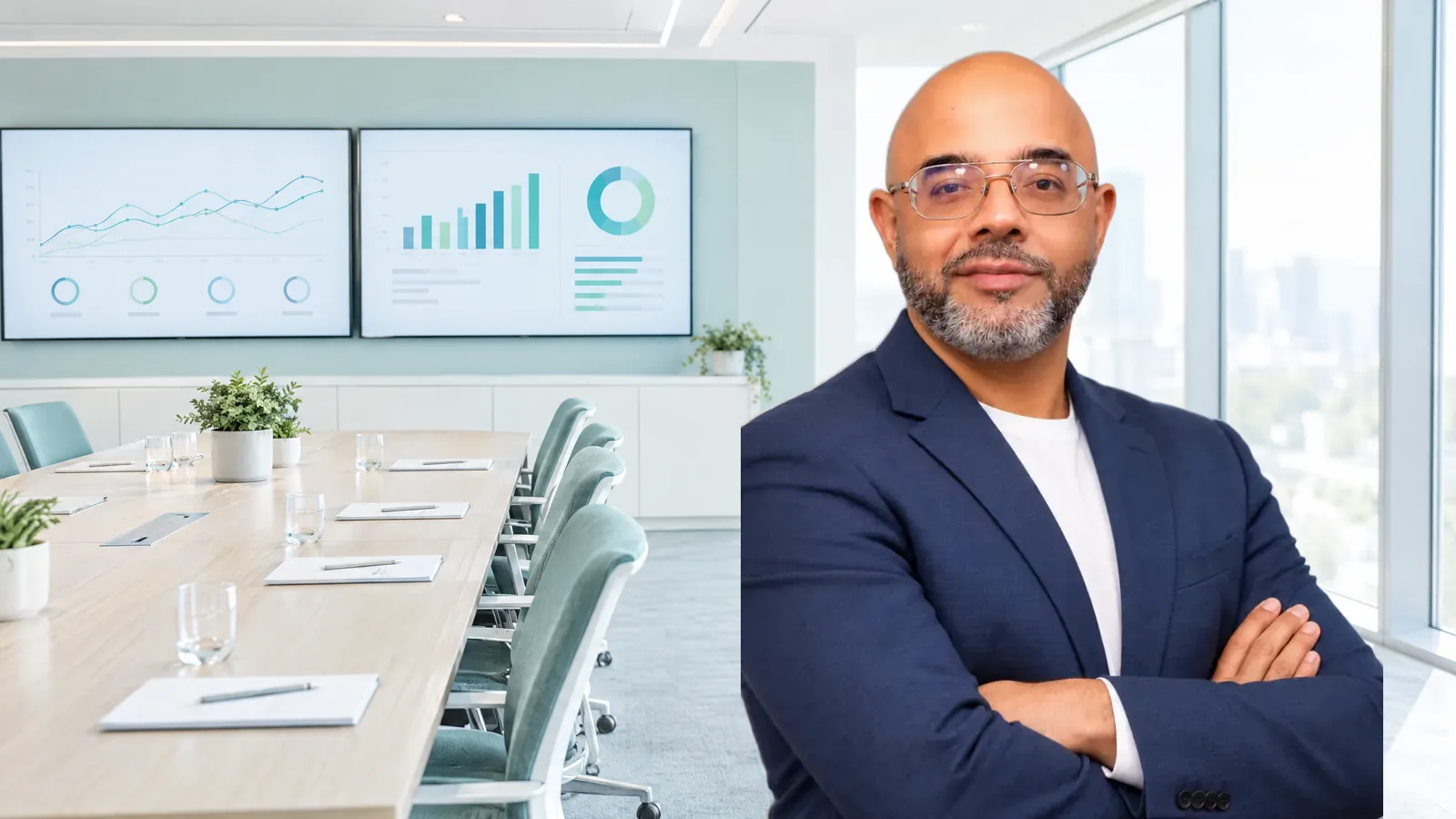 Noel D'Costa in a bright boardroom with two dashboards on the wall screens