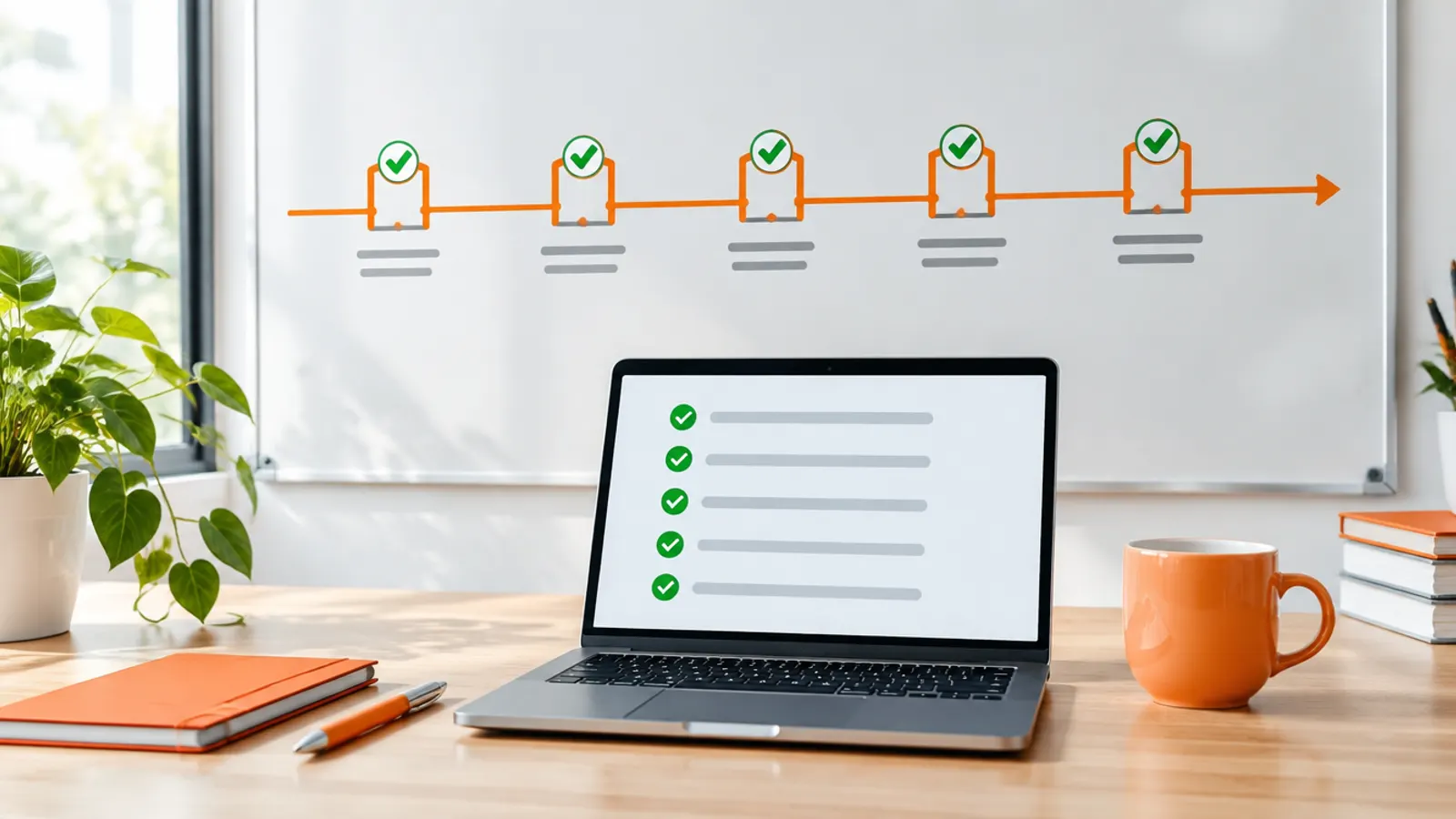 A whiteboard roadmap of gate checkpoints with green ticks above a quality checklist