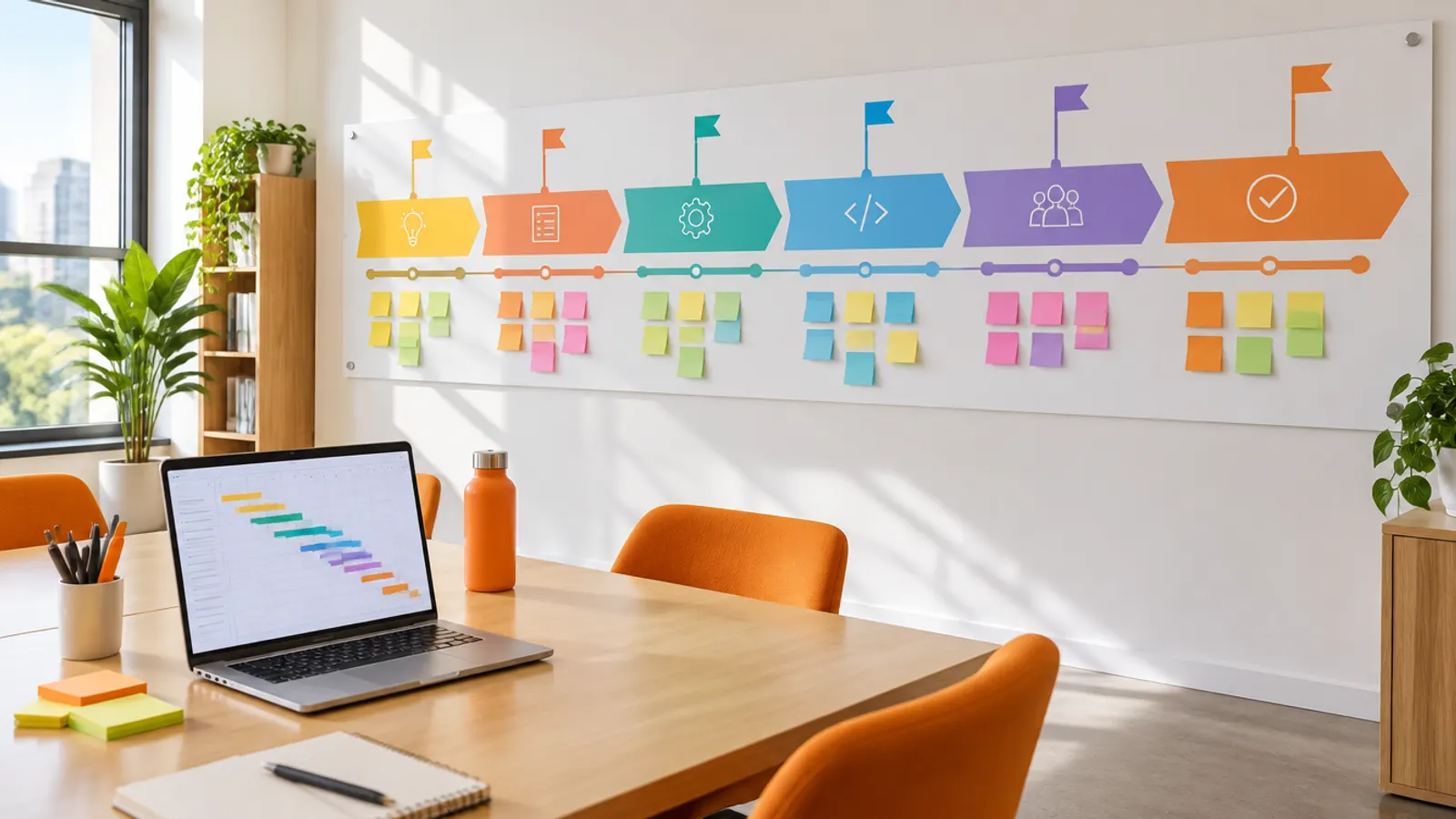 A wall timeline with six coloured phase blocks and milestone flags above a laptop showing a Gantt chart