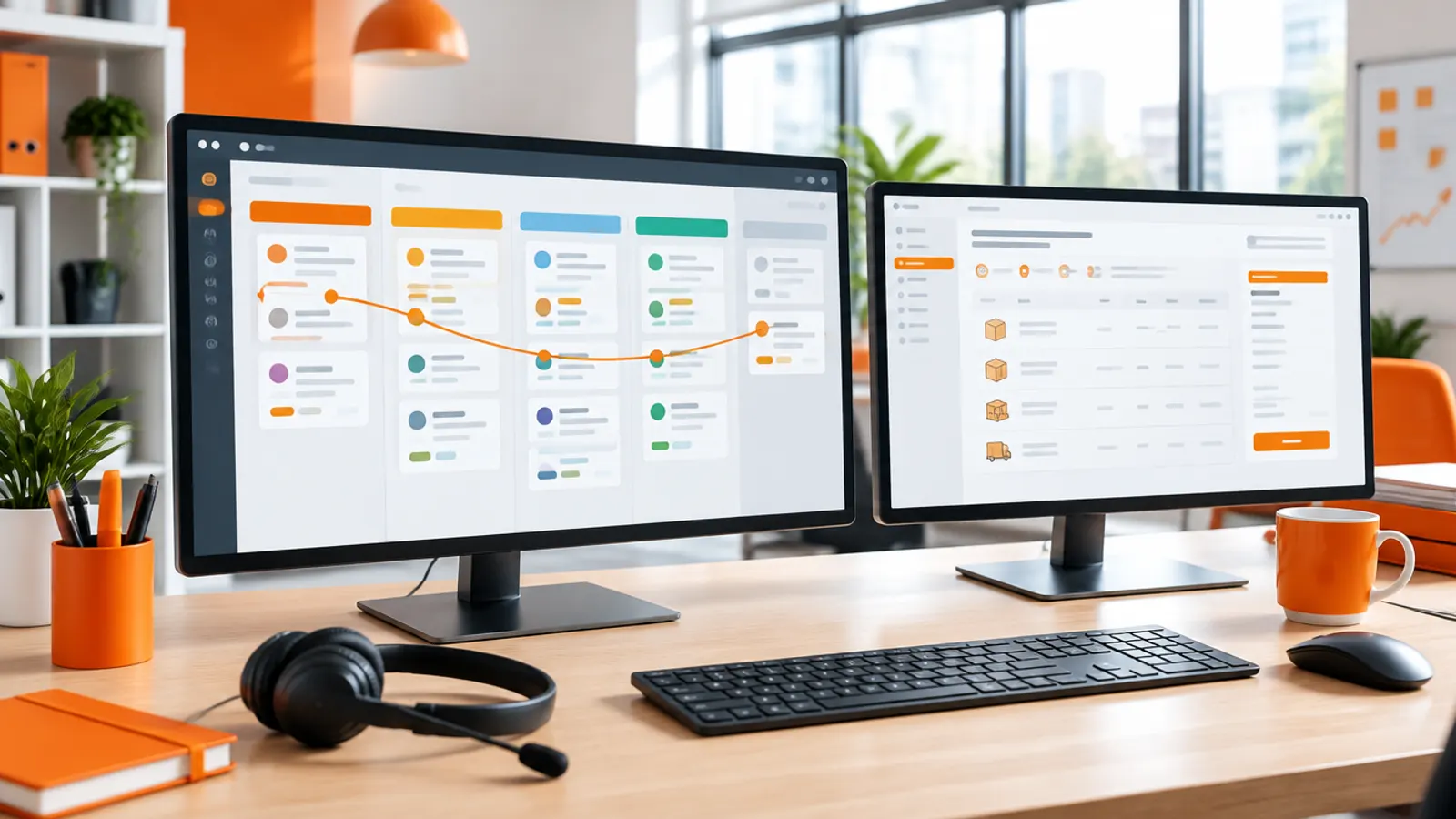 A sales pipeline board on one monitor linked to an ERP order screen on a second monitor
