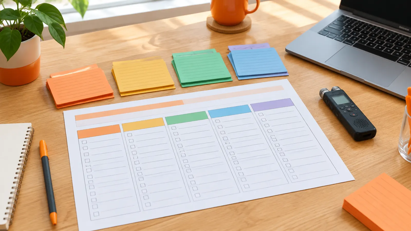 A printed requirements template with checkboxes beside index cards grouped by theme and a voice recorder