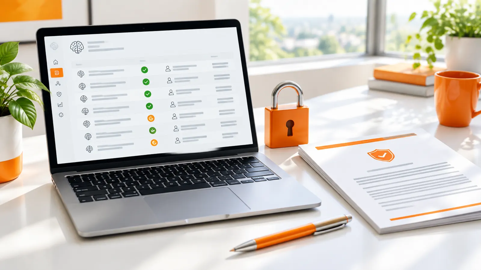 A laptop showing an AI model approval log with a padlock icon beside a printed governance policy and a pen on a bright desk