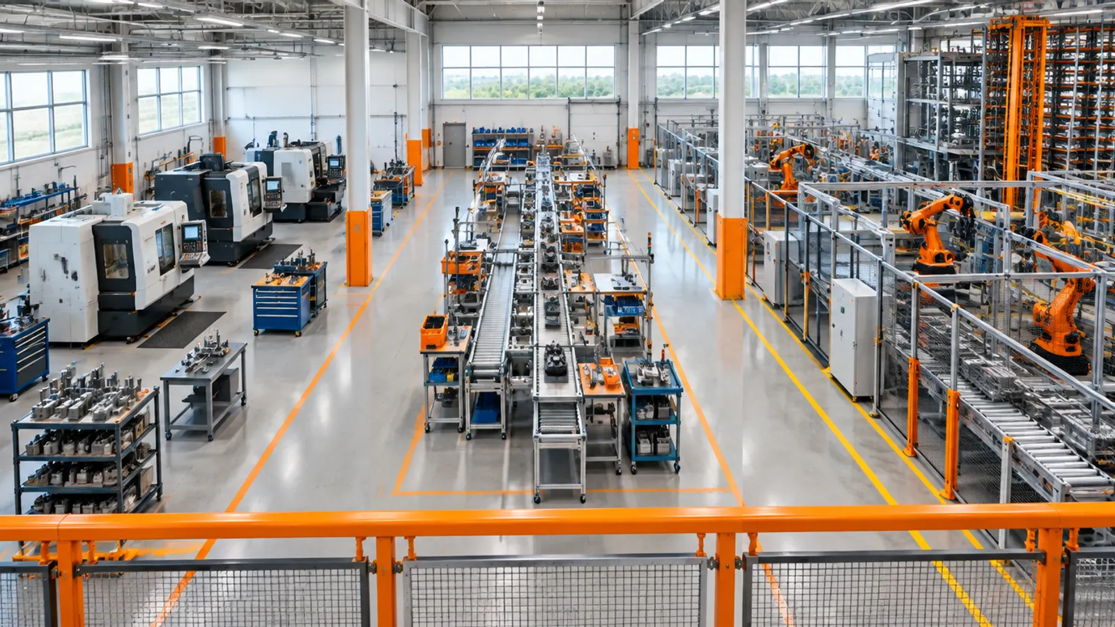 A plant seen from a mezzanine with a job shop, an assembly line and an automated section side by side