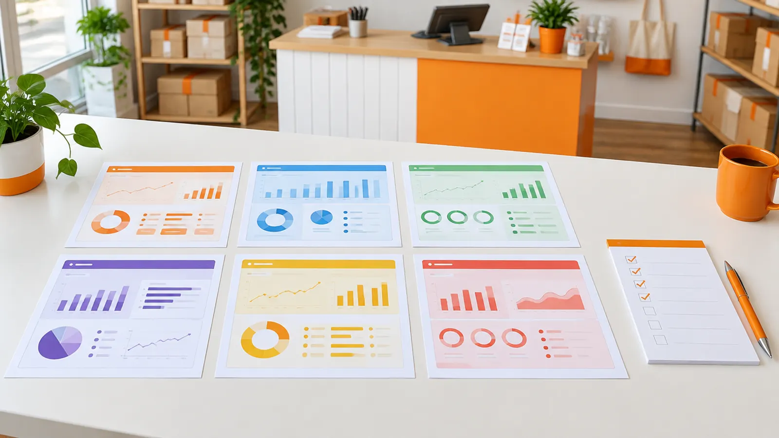Six software dashboard printouts laid in a grid beside a shortlist checklist in a small business office