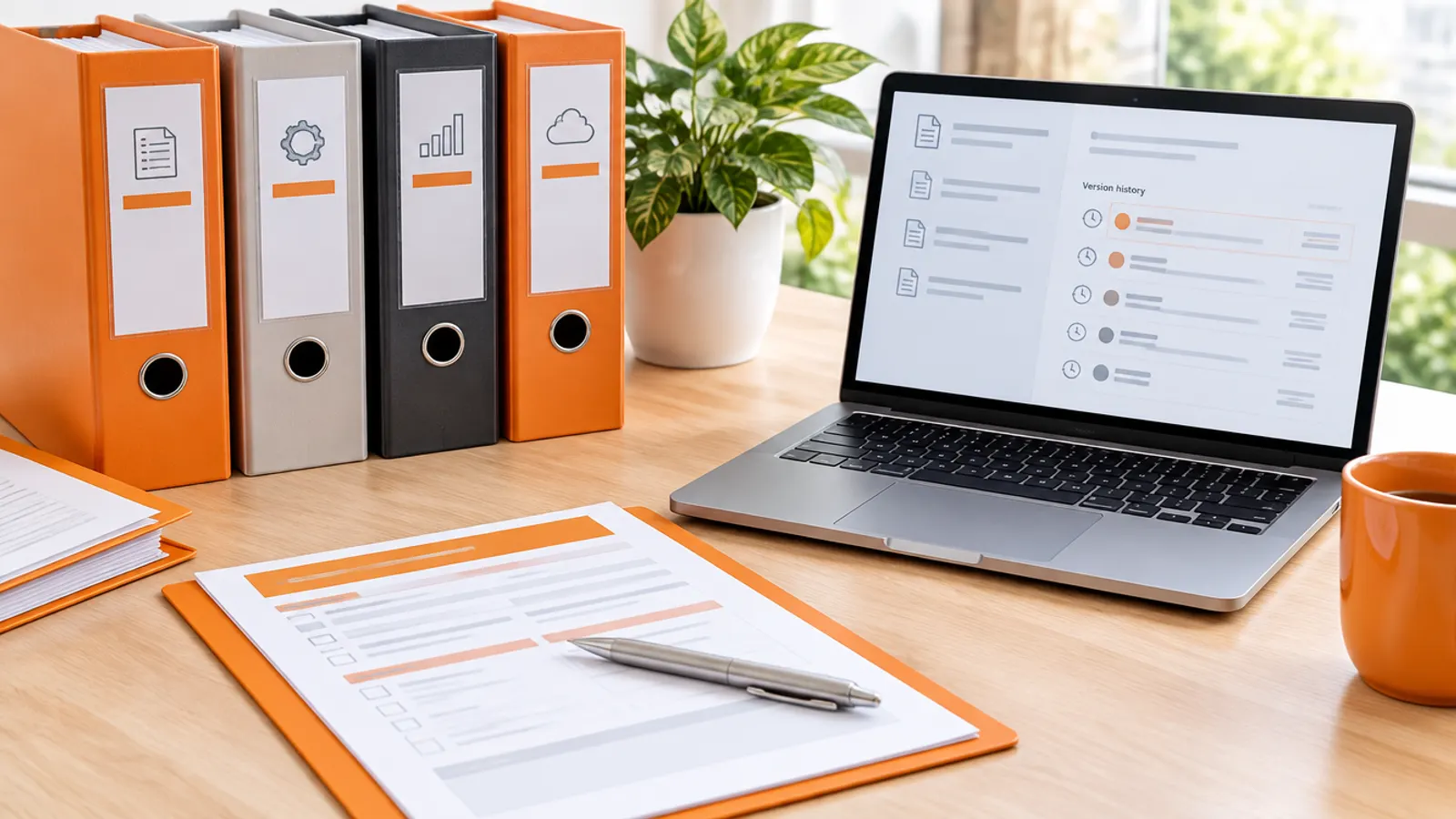 Labelled ring binders of project deliverables, a change request form and a laptop showing a document version history
