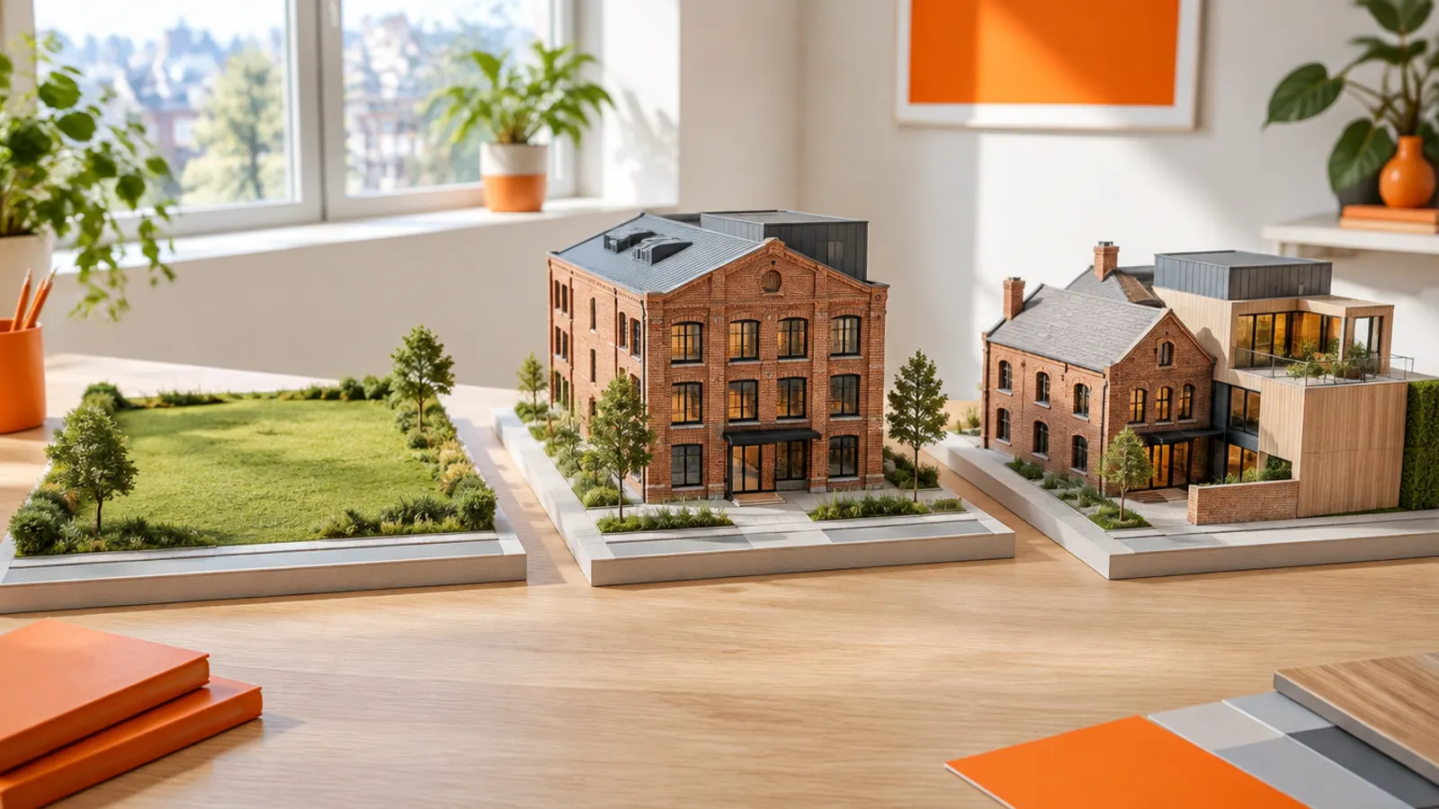 Three architectural models on a table: an empty green plot, a renovated brick building and a mixed old and new structure