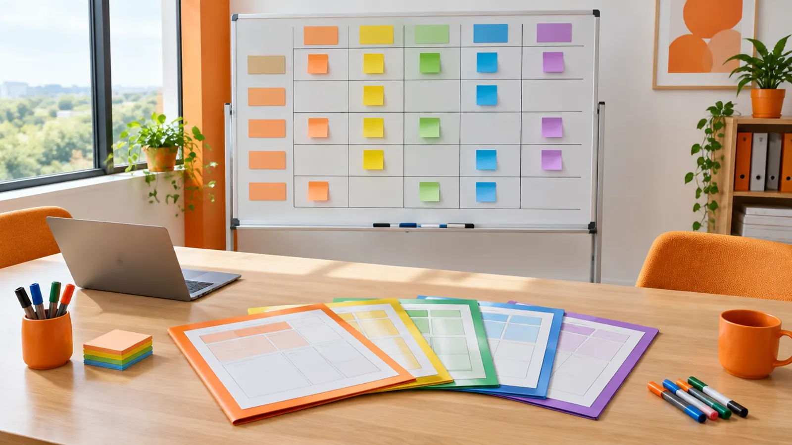 A whiteboard with a fit-gap grid of sticky notes above a fan of template folders