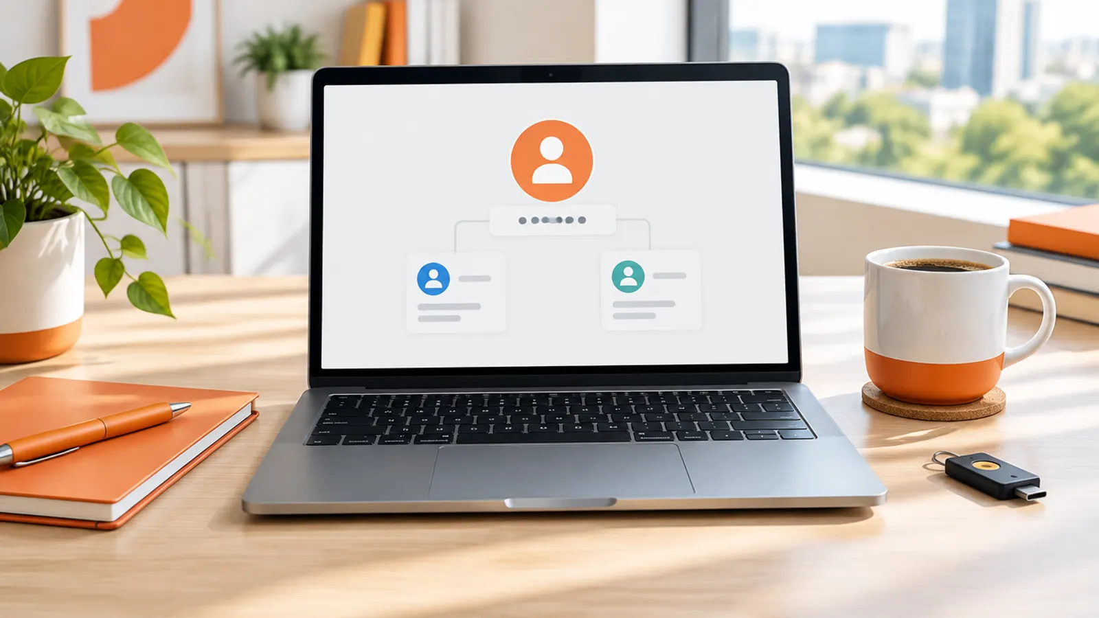 A laptop showing one sign-in profile linked to two account cards, next to a security key