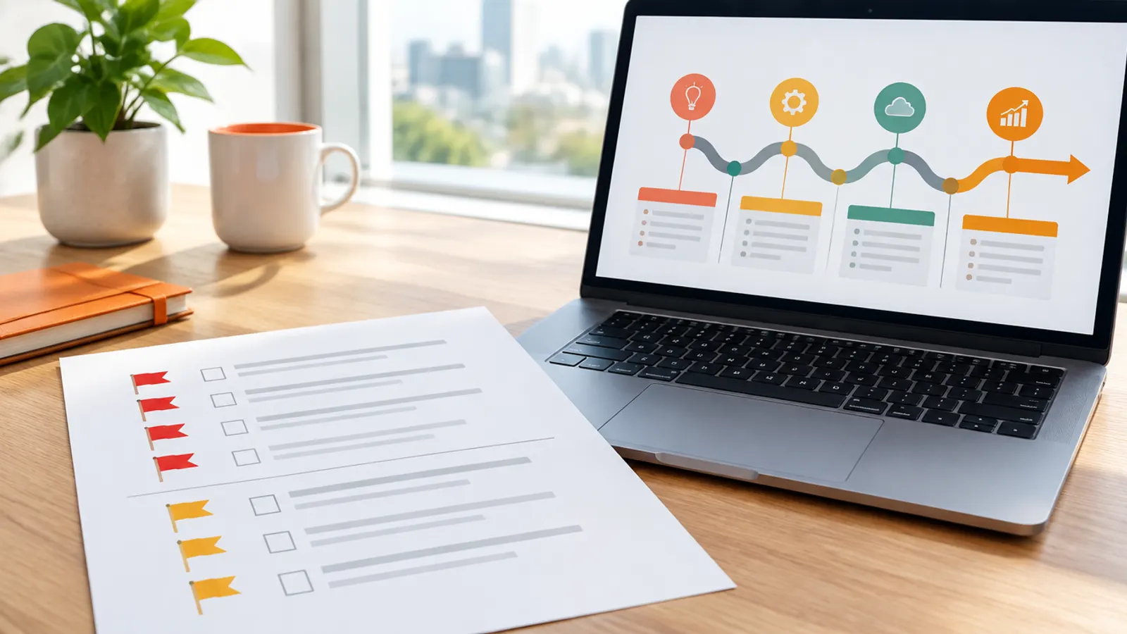 A printed early-warning checklist with red and amber flags beside a laptop showing a modernisation roadmap