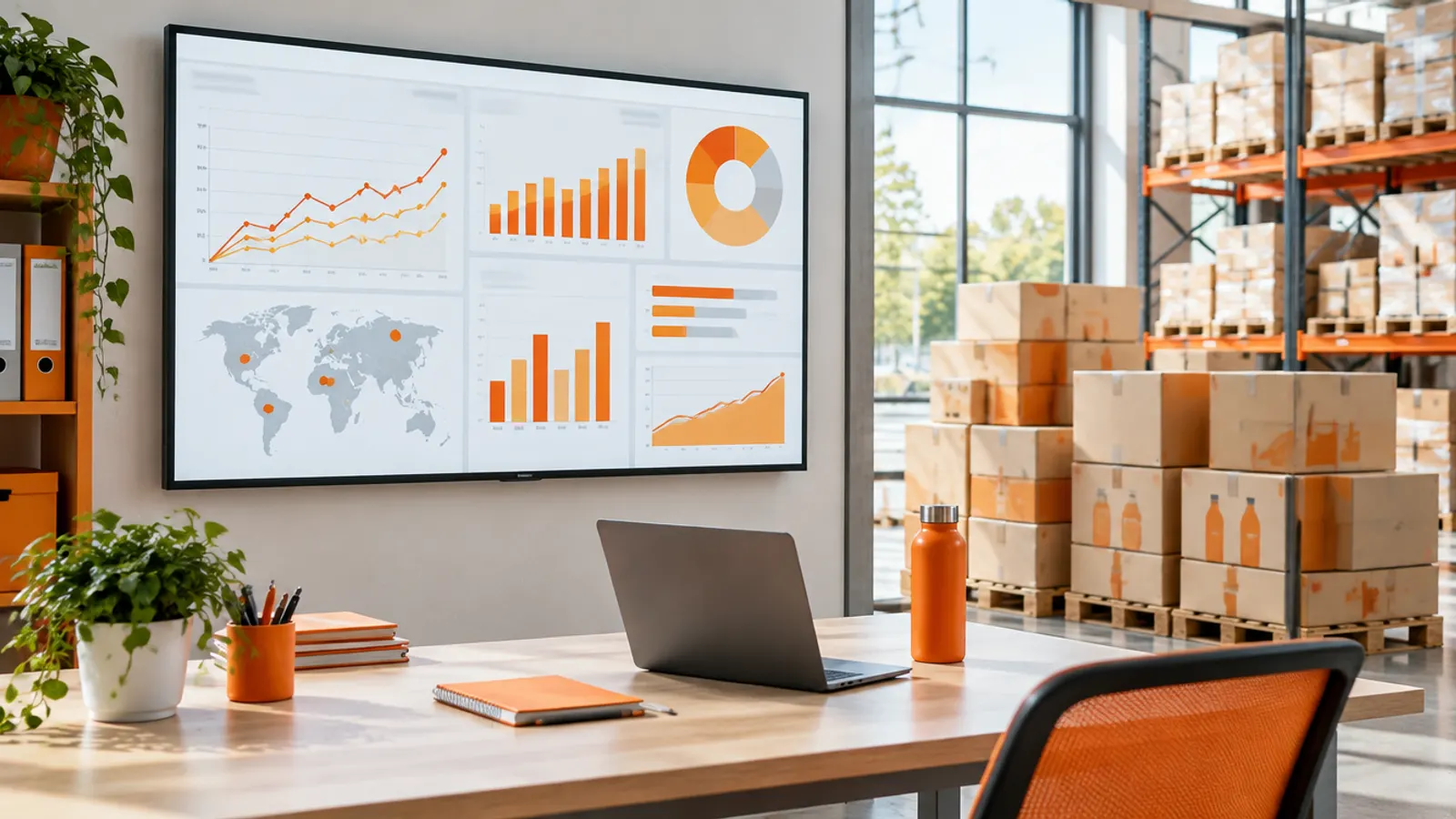 A consumer goods warehouse office with a large screen showing sales analytics dashboards and stacked product cartons