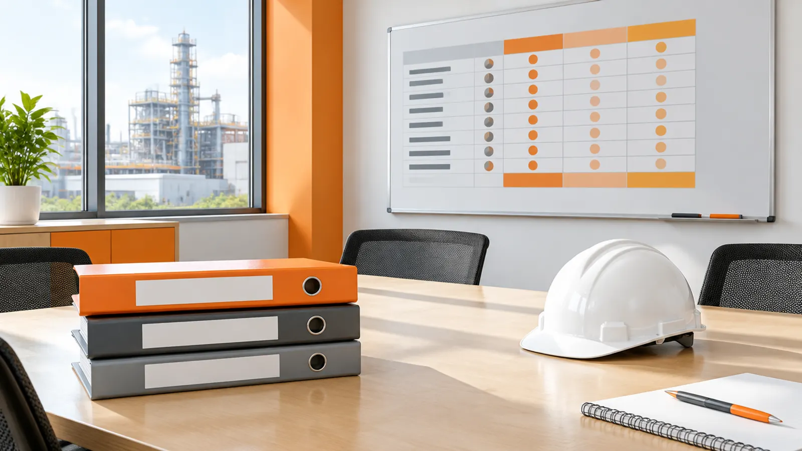 A factory meeting room with three vendor binders, a weighted scoring matrix on the whiteboard and a hard hat on the table