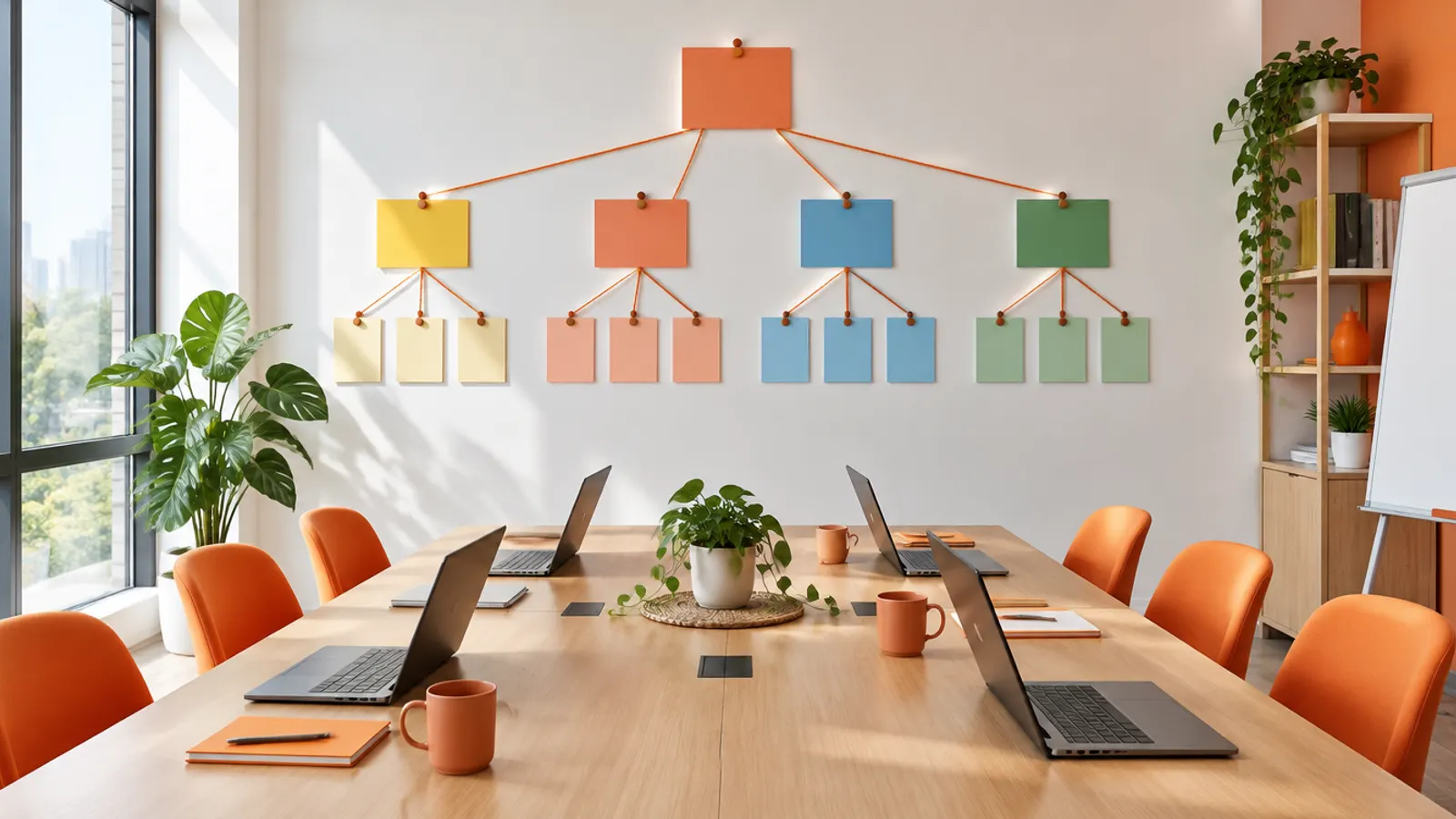 An organisation chart of coloured role cards on a wall above a long table of laptops