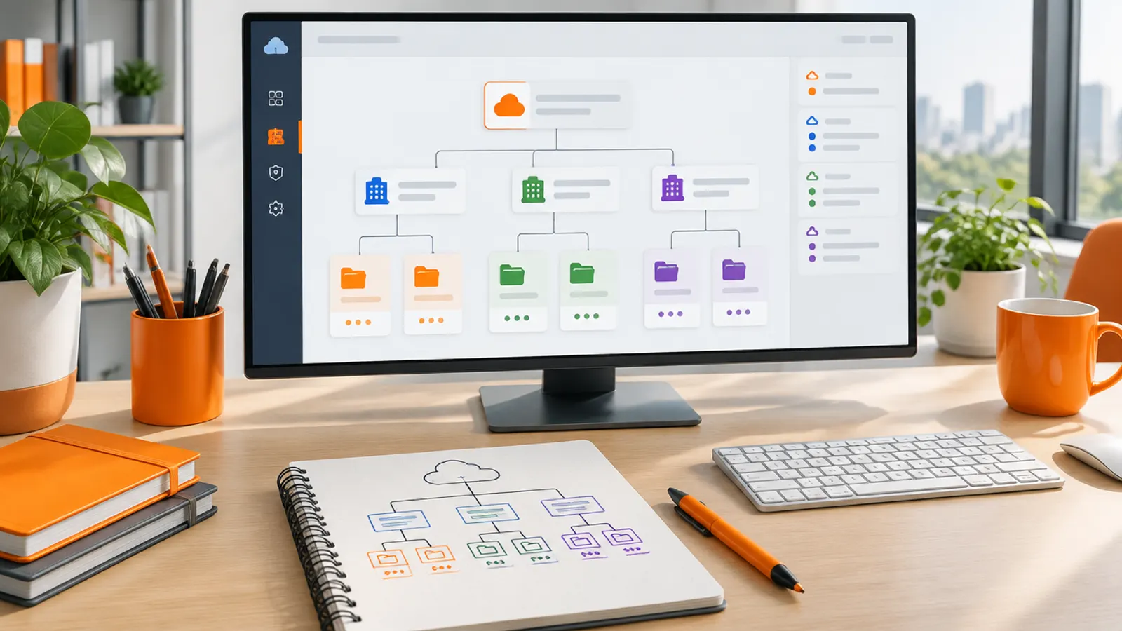 A cloud console showing a global account with subaccounts as connected tiles, beside a sketched hierarchy