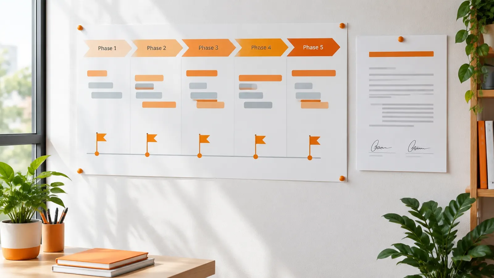 A planning wall with a phase-by-phase roadmap, milestone flags and a signed project charter pinned beside it