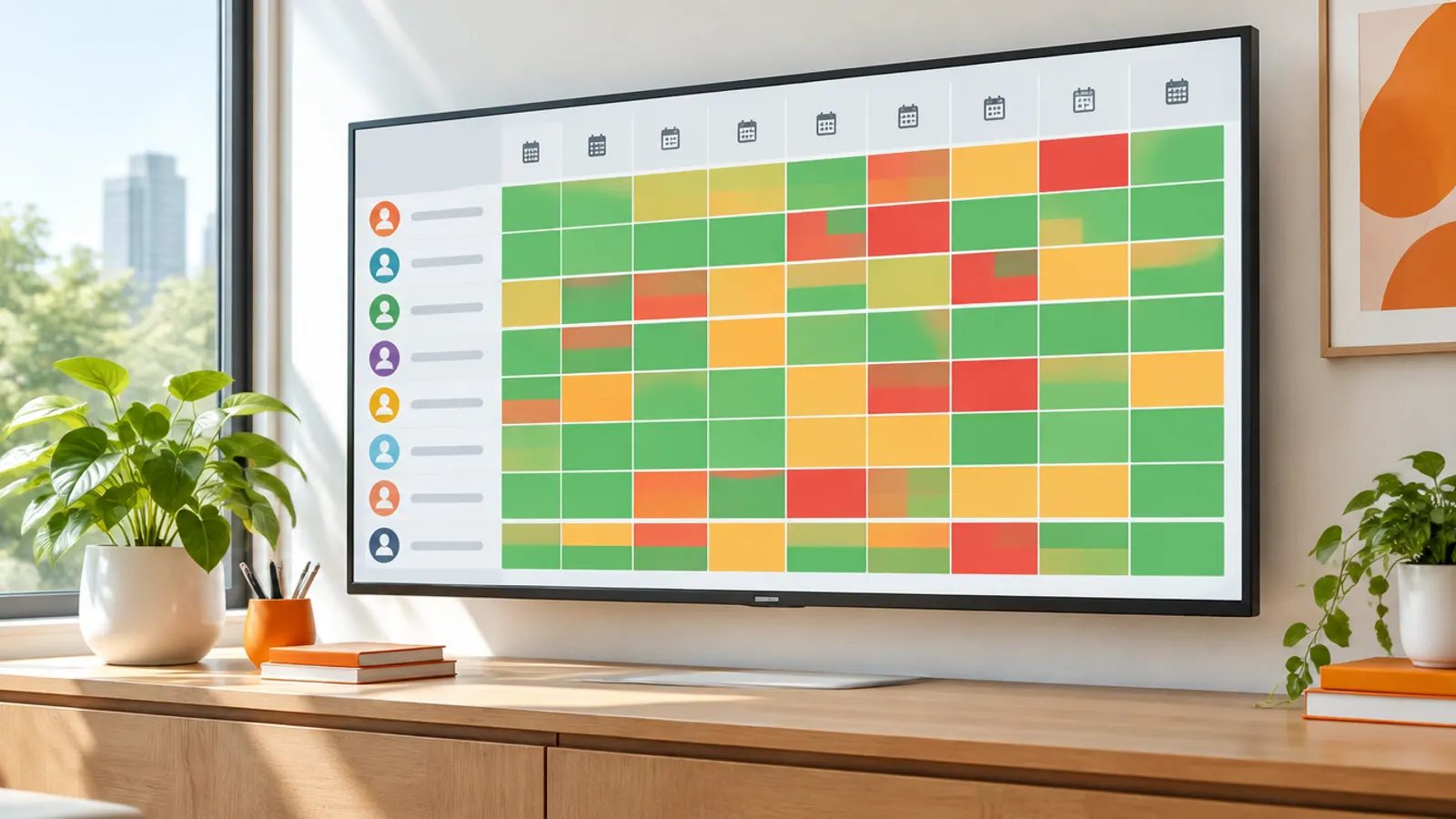 A resource heat map on a large screen with team capacity by month in green, amber and red