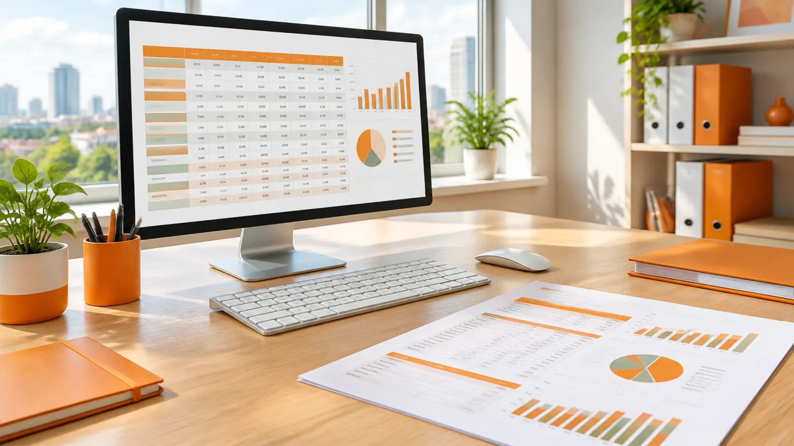 A finance office with a monitor showing a budget planning grid and a printed consolidation report