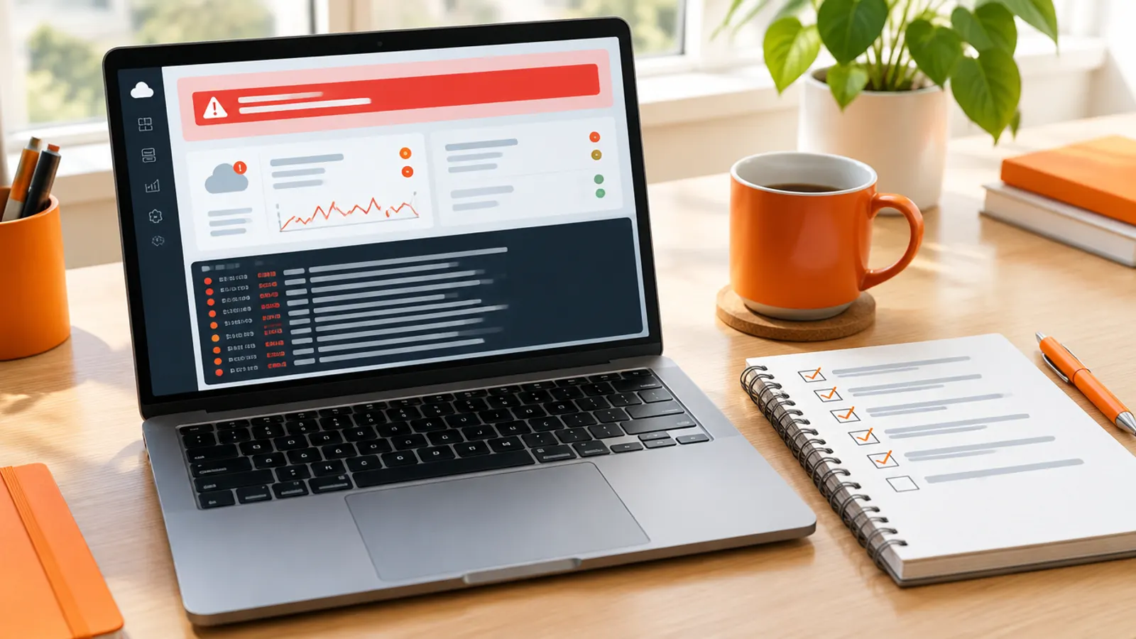 A laptop showing a cloud console error banner and log lines beside a troubleshooting checklist