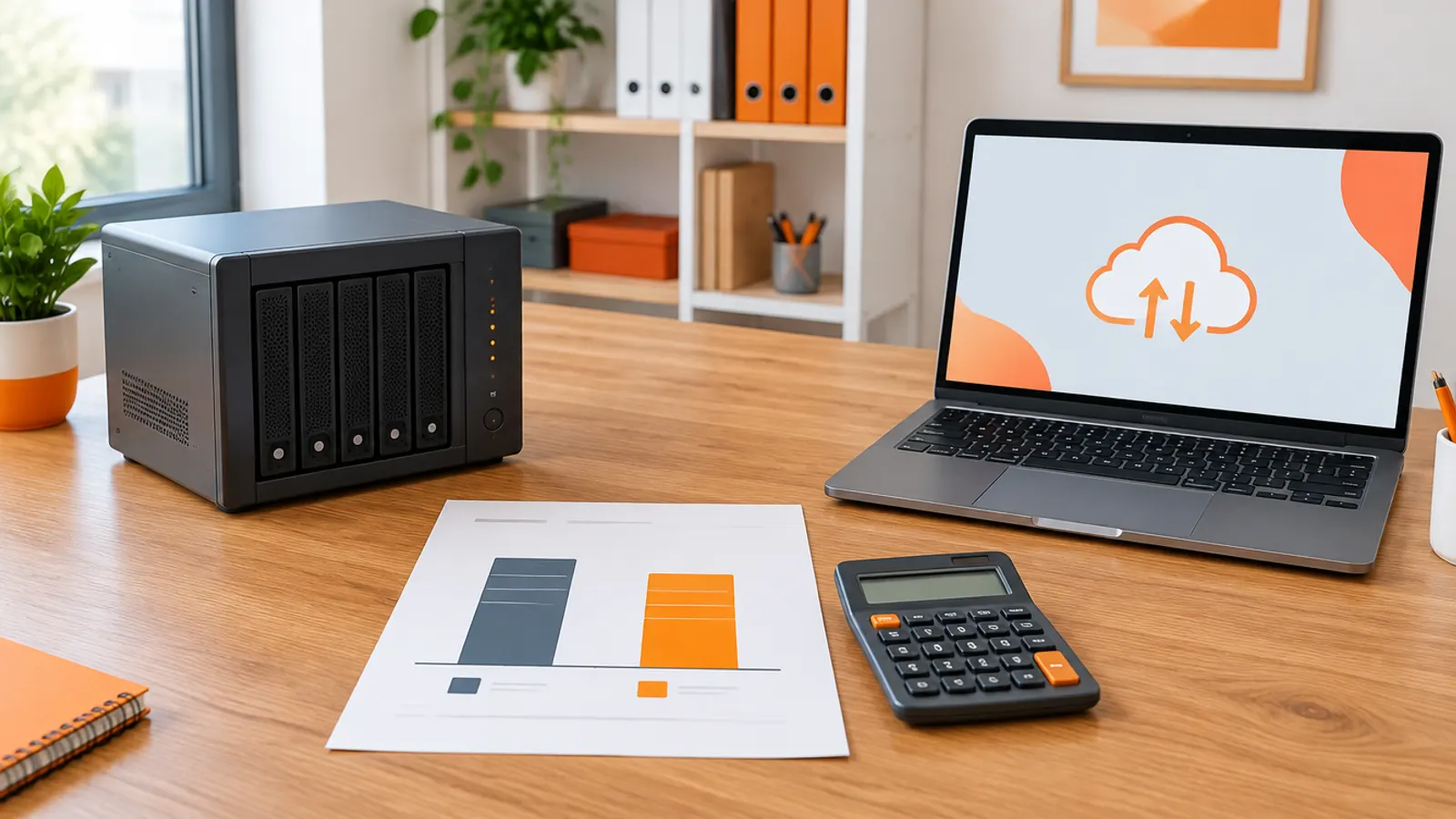 A small server and a laptop with a cloud icon either side of a printed cost comparison and a calculator
