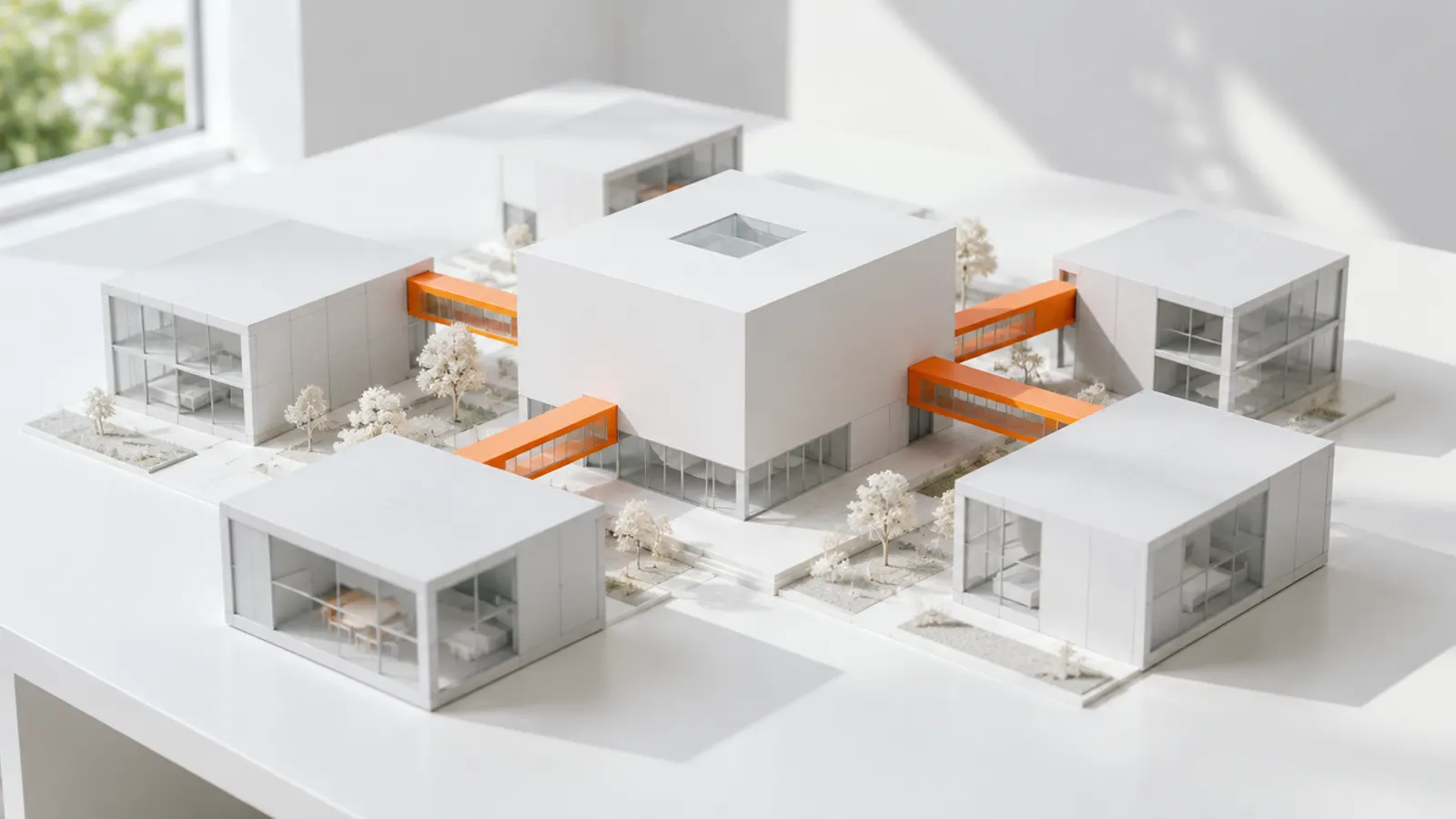 A white core block with modular extension blocks attached by thin orange connectors, like an architecture model