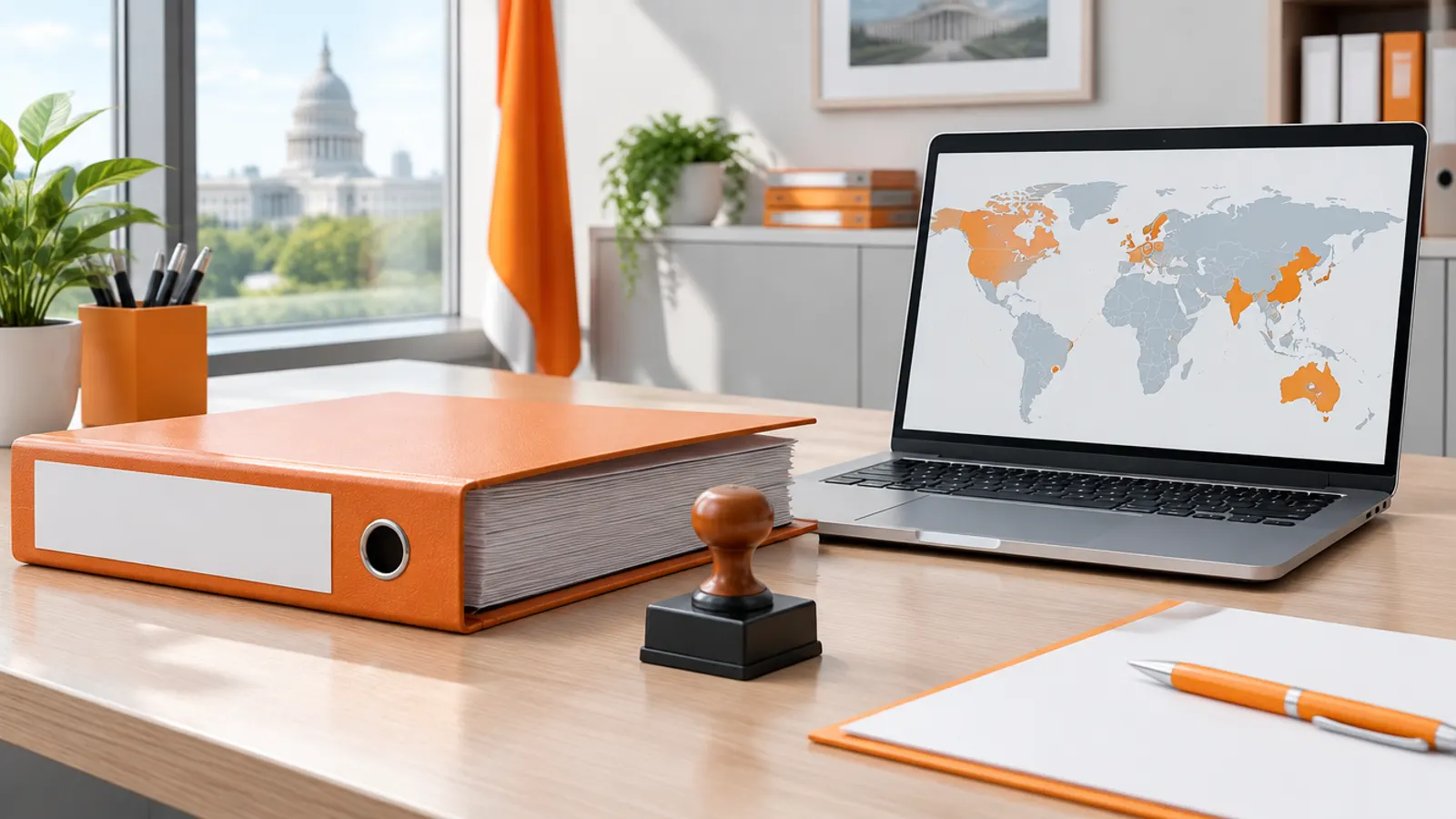 A government office with a compliance binder, an official stamp and a laptop showing a data residency map