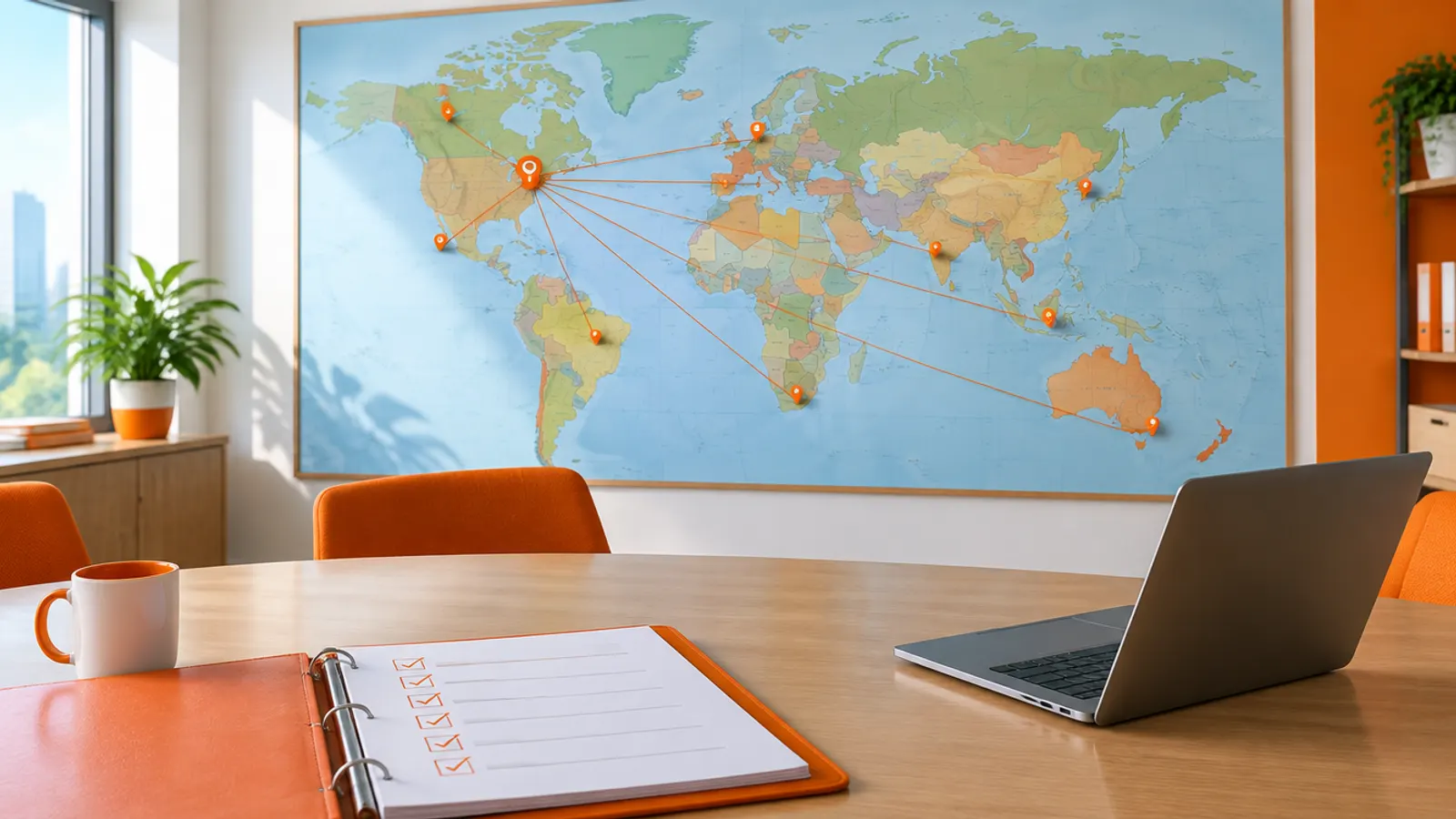 A world map with one headquarters pin linked to several country sites above a rollout checklist