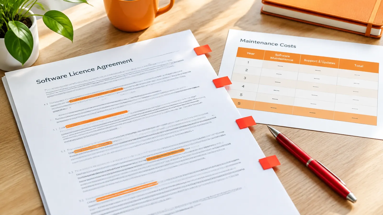 A software licence agreement with flagged clauses, a red pen and a maintenance cost table on a desk