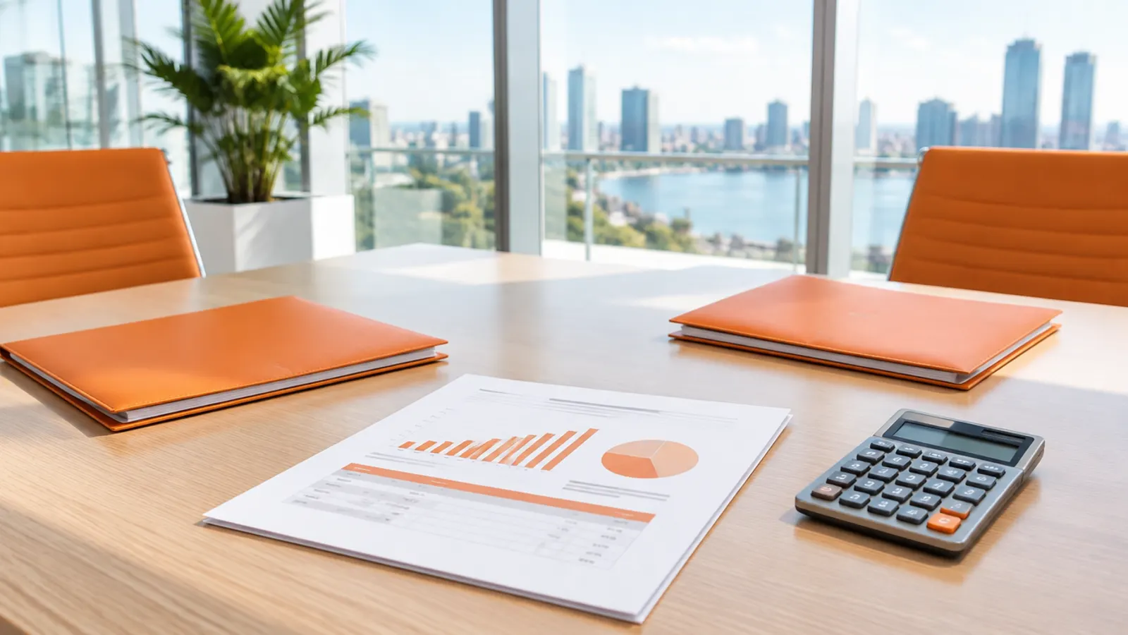 A negotiation table with two folders, a pricing proposal and a calculator, in a bright glass meeting room