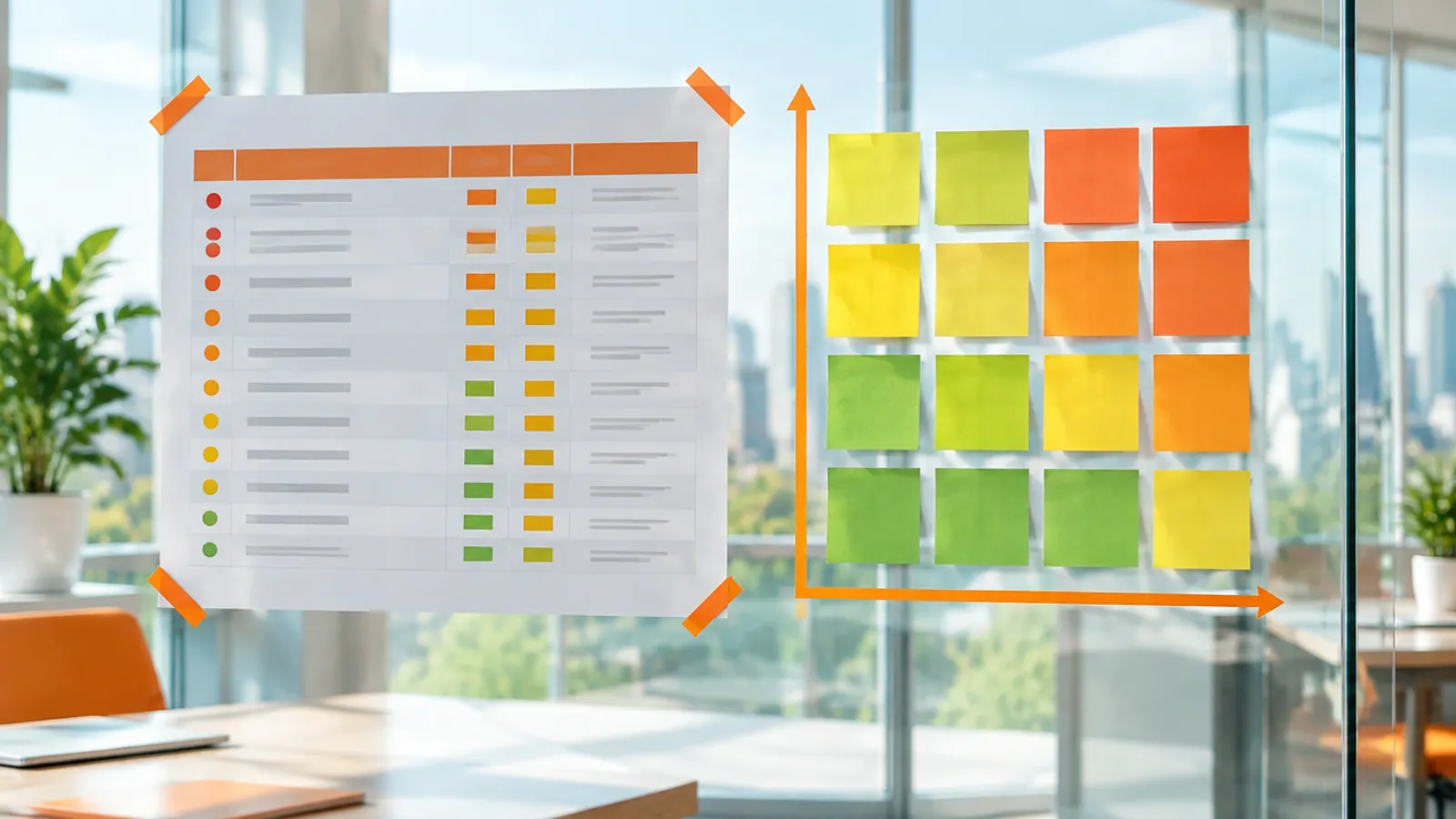 A risk register printout and a likelihood and impact grid of coloured sticky notes on a glass wall