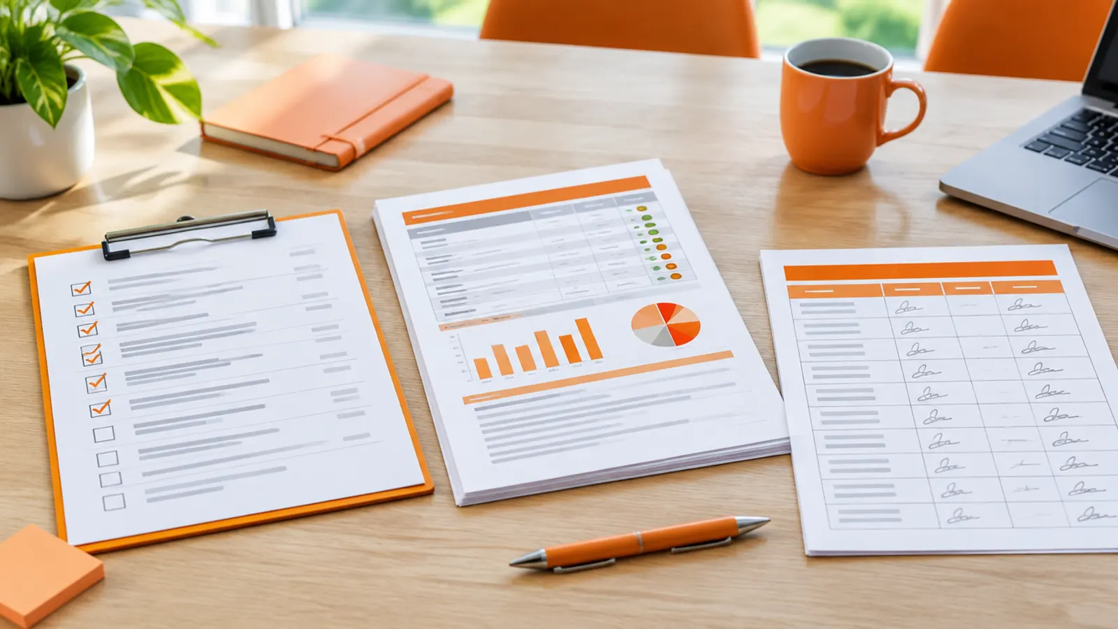 A gate review checklist with ticks, test execution reports and a sign-off sheet on a meeting table