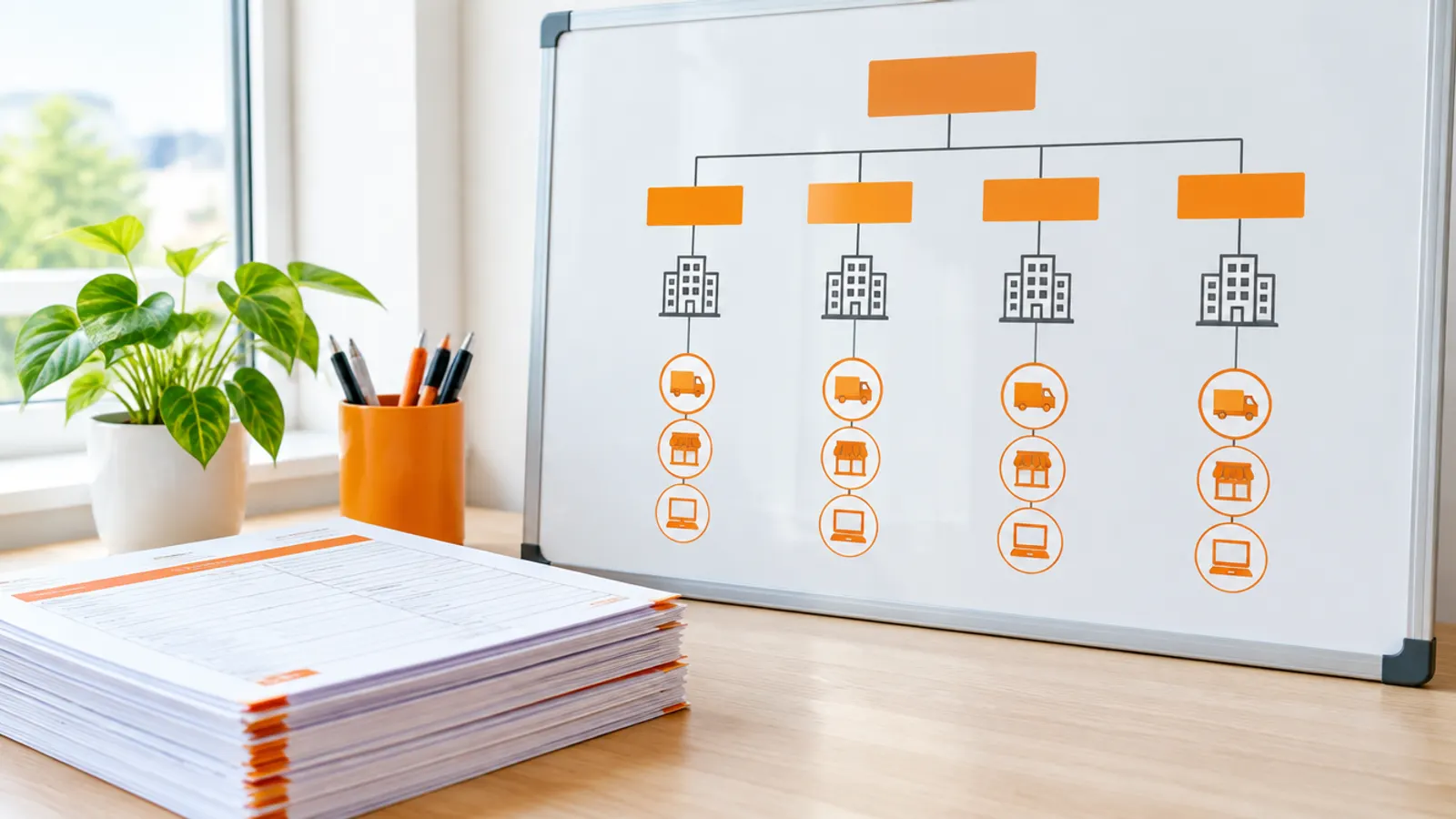 An organisation chart of sales offices and distribution channels on a whiteboard beside a stack of order forms