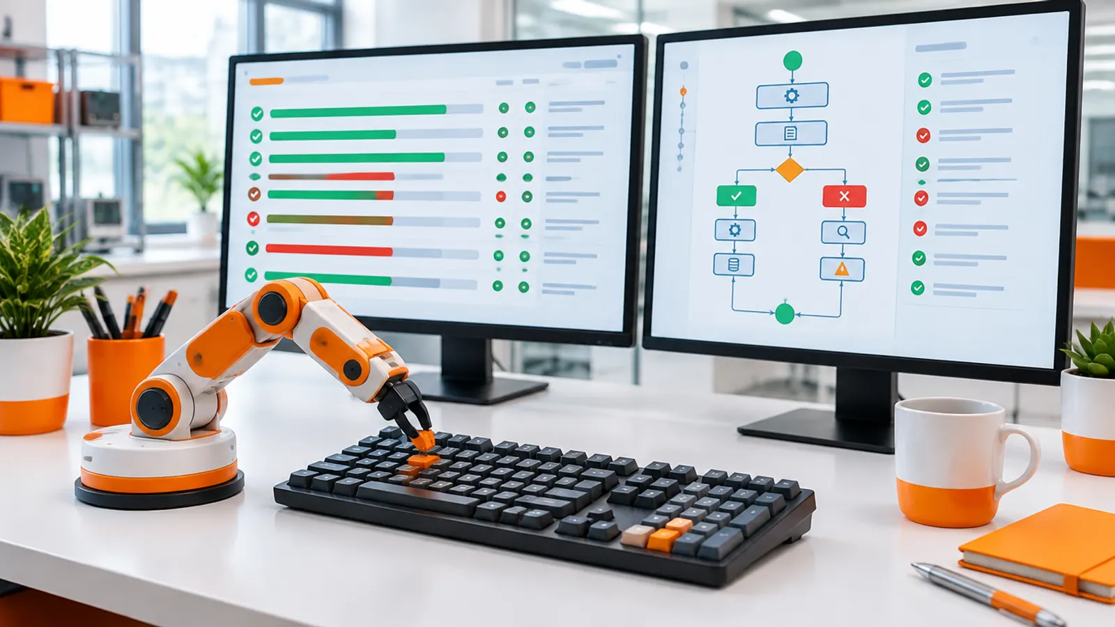 Two monitors showing automated test runs and a test flow, with a small robot arm pressing a key