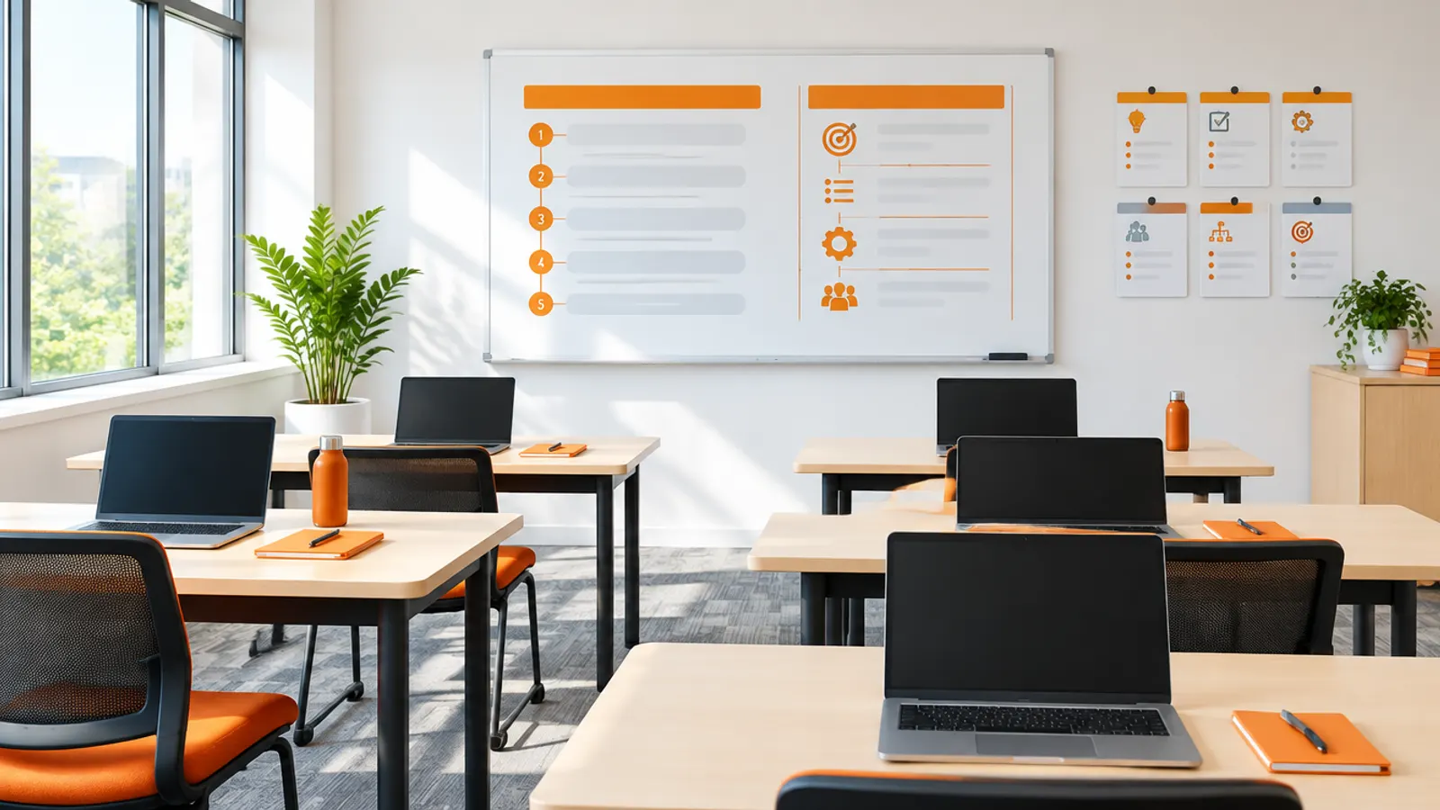 An empty training room with laptops on desks, a training plan on the whiteboard and quick reference cards