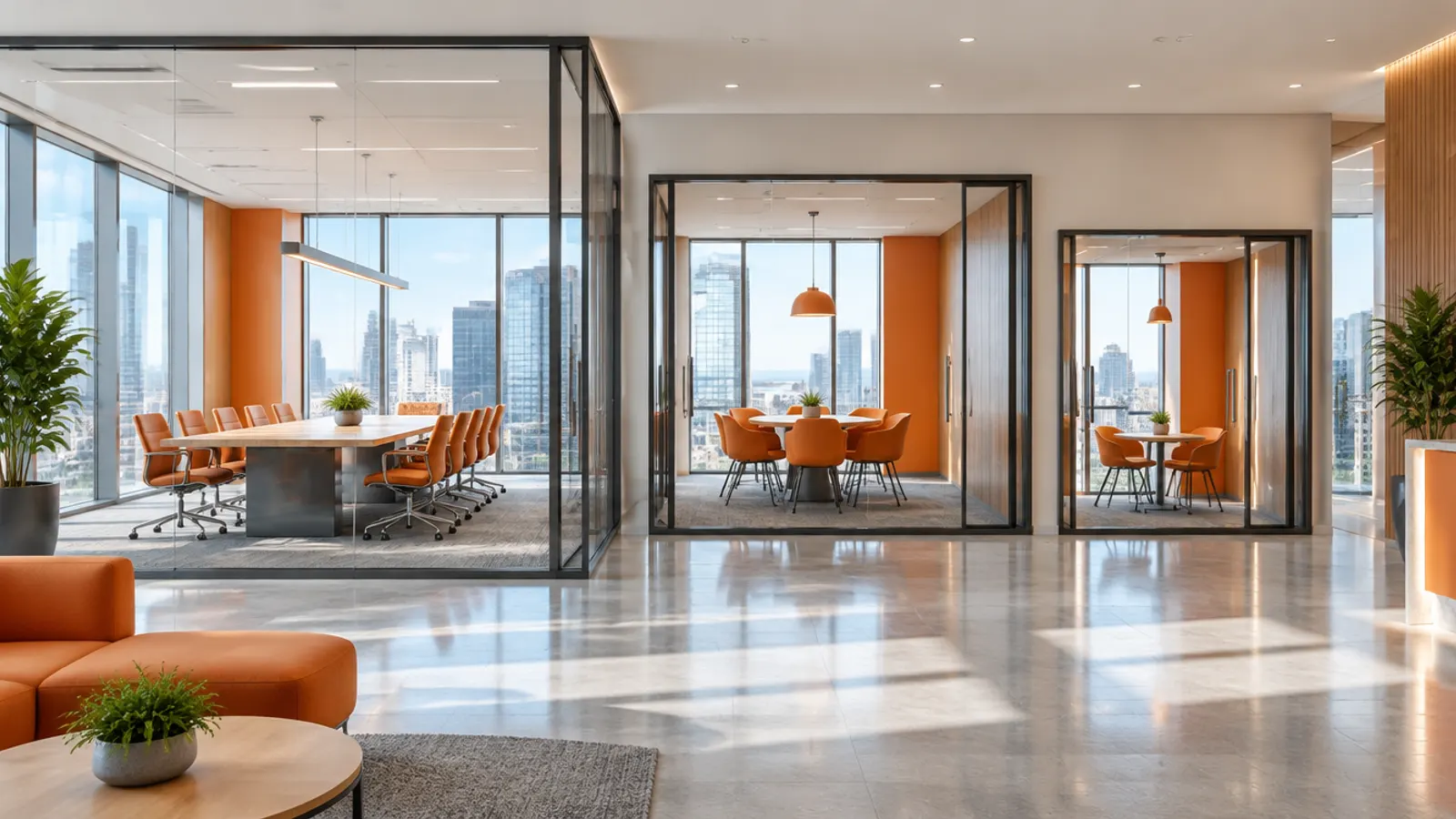 Three glass meeting rooms of large, medium and small size in a row in an office tower
