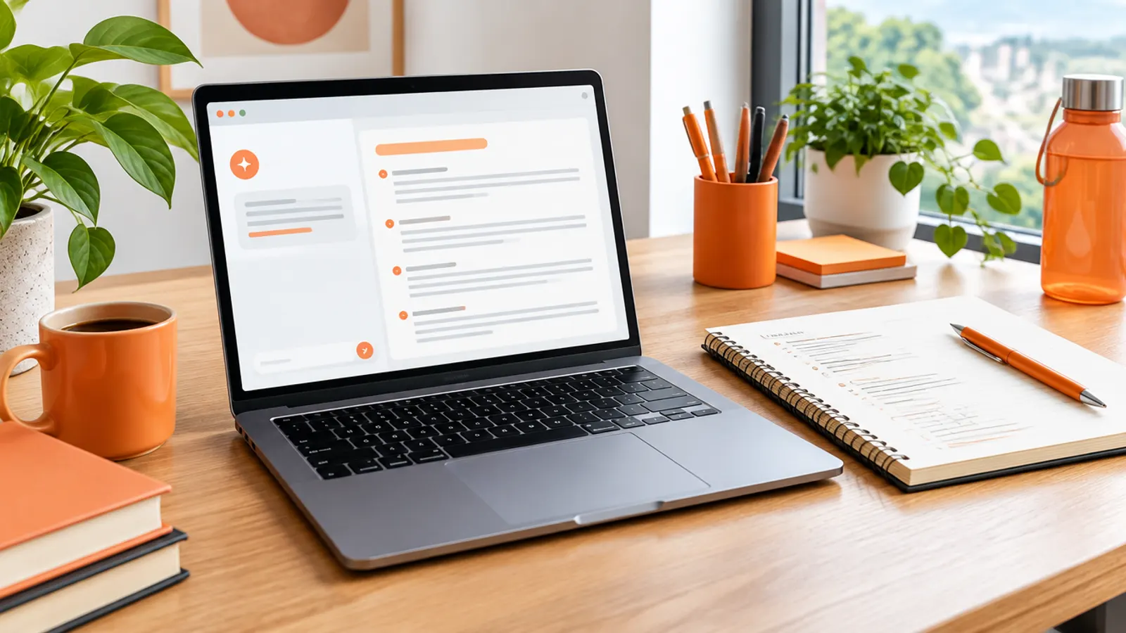 A consultant's desk with a laptop showing an AI assistant drafting a workshop summary beside a notebook