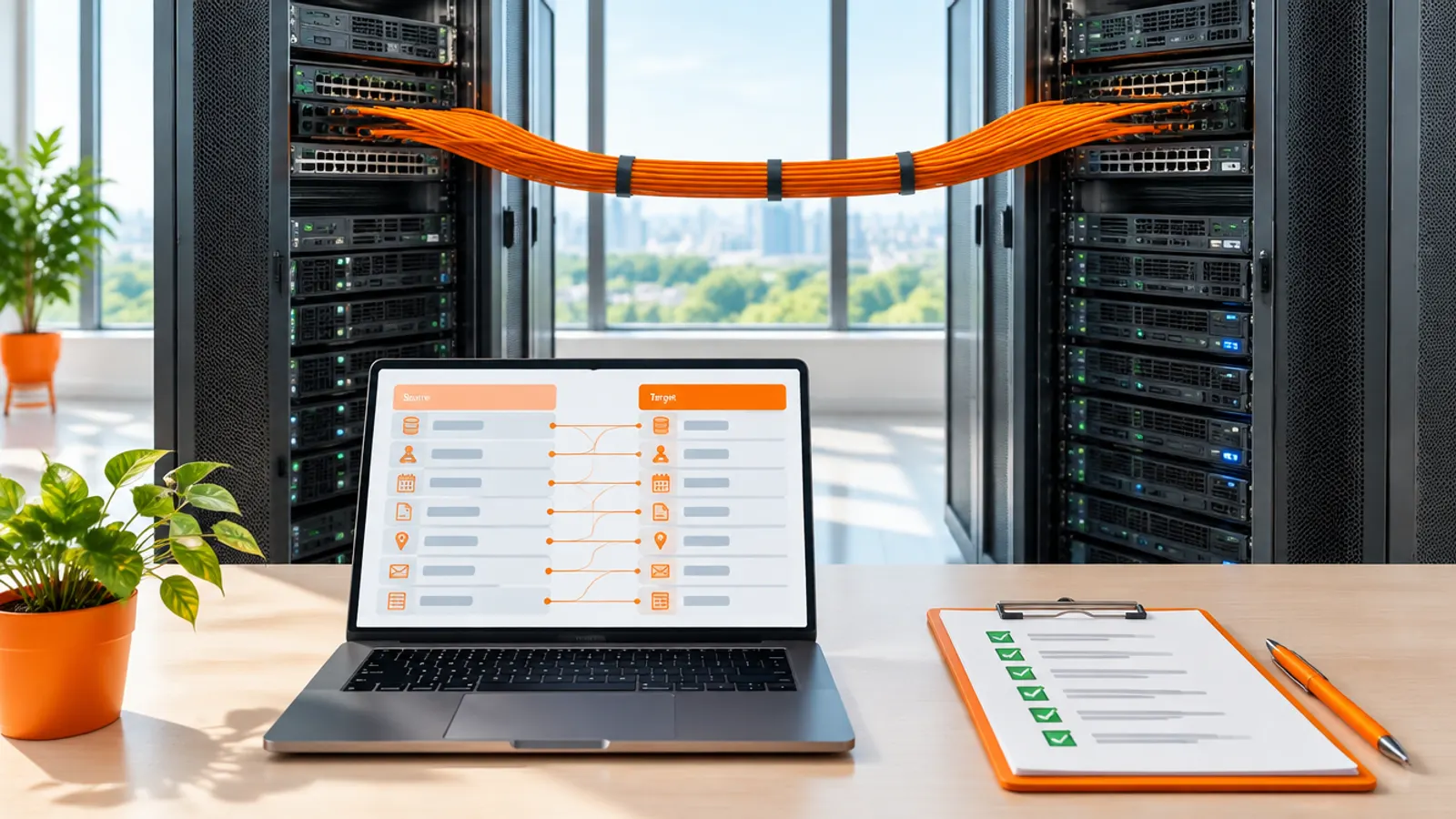 Two server racks joined by a cable bundle beside a laptop showing a source-to-target data mapping