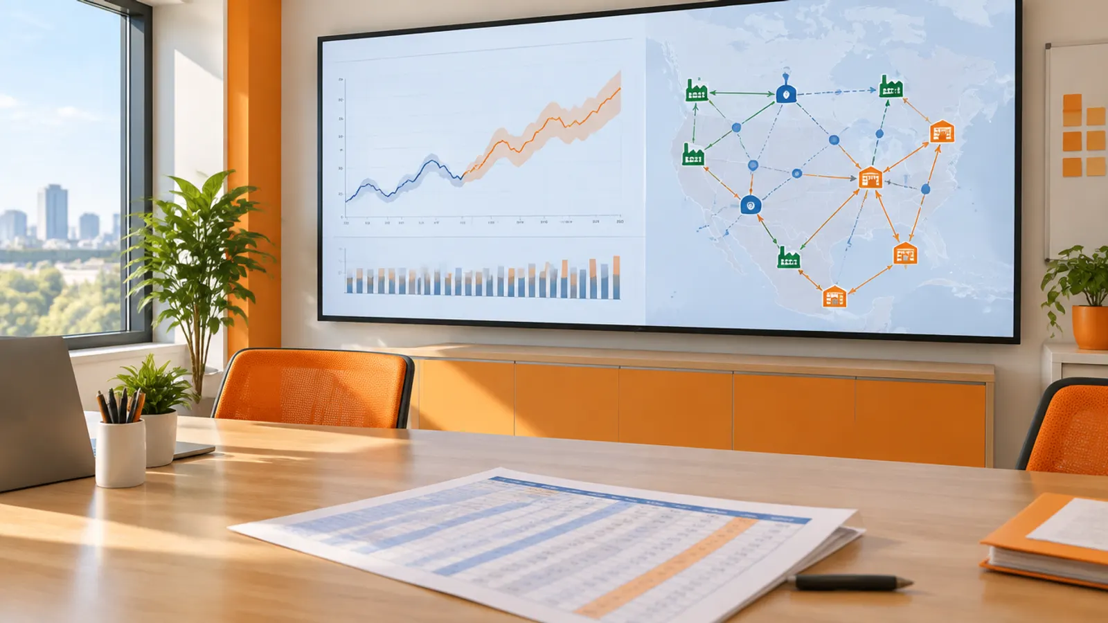 A screen showing a demand forecast and a supply network map, with a printed spreadsheet pushed aside