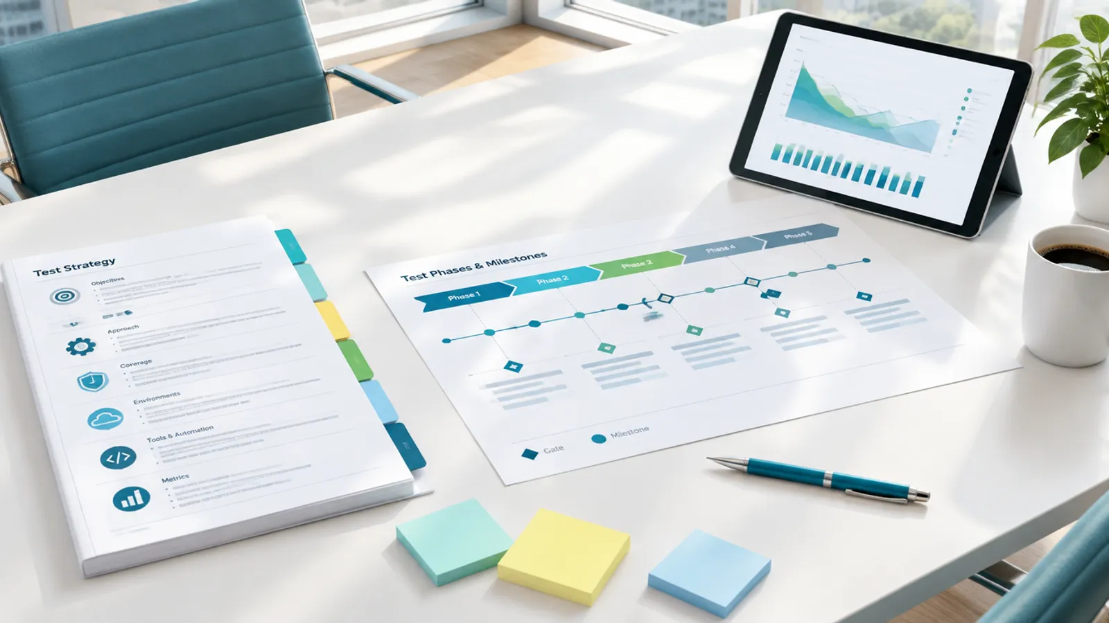 A test strategy document and a phase timeline with quality gates on a bright boardroom table
