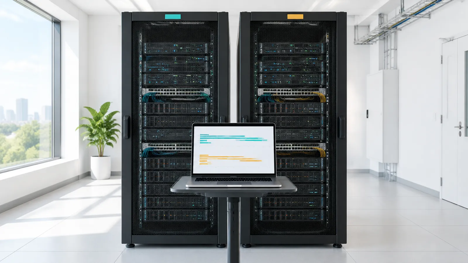 Two identical server racks side by side, one for the project and one for business as usual