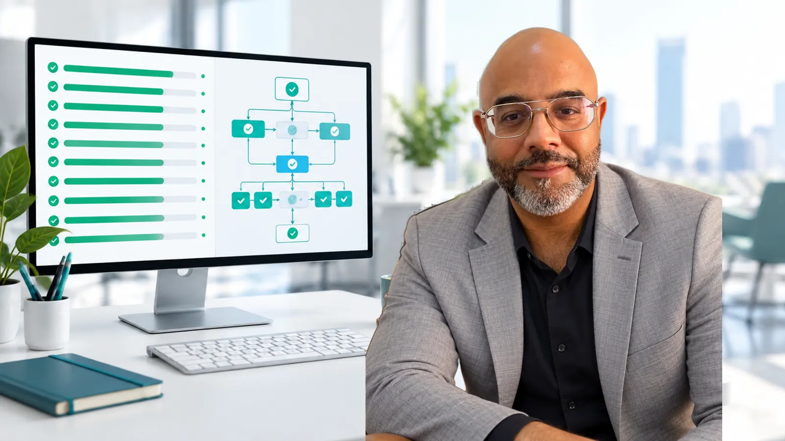 Noel D'Costa beside a monitor showing automated SAP test runs and a process flow