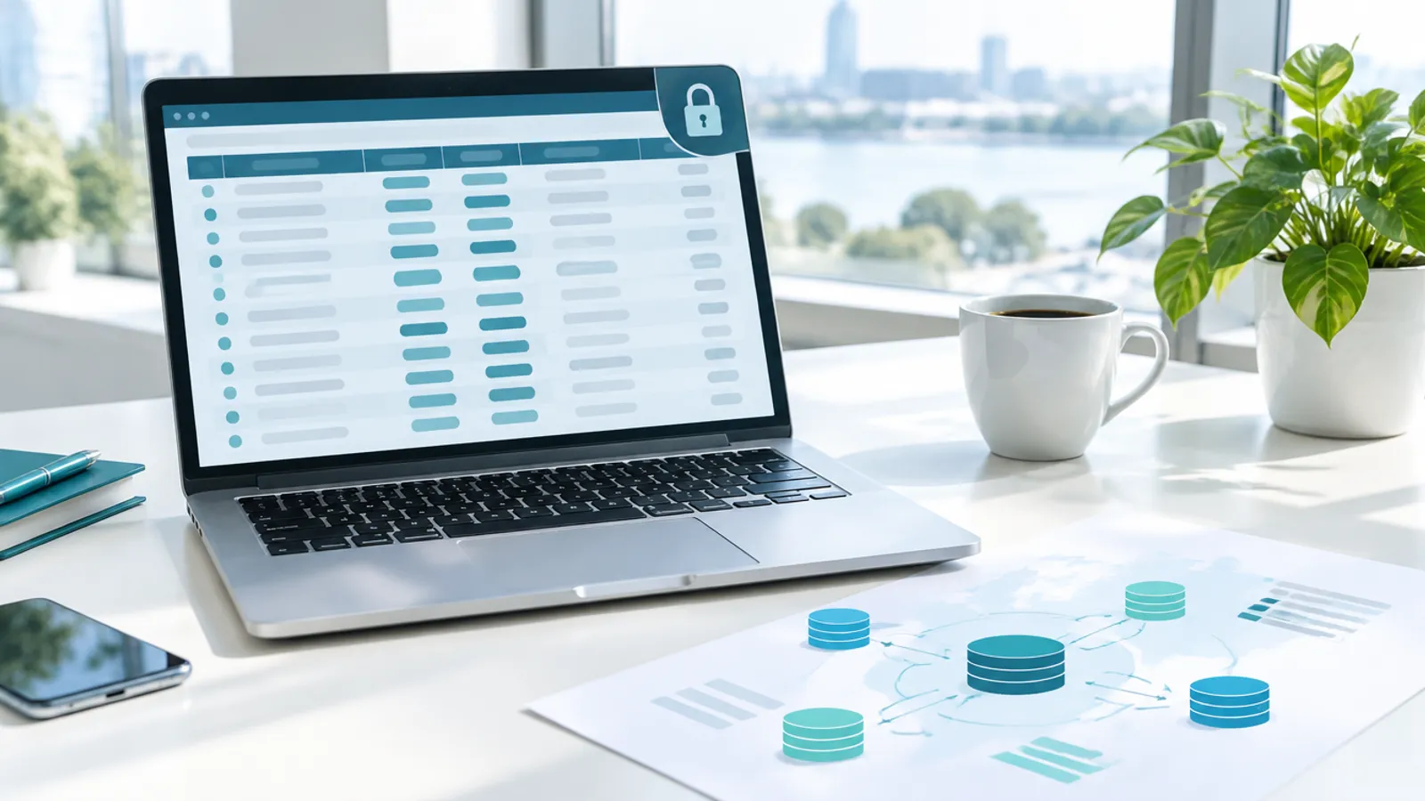 A laptop showing a masked data table next to a data map of connected databases