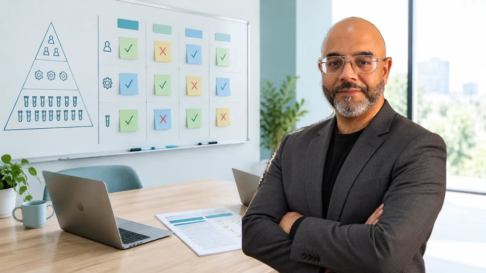 Noel D'Costa in a bright test room with a test plan and status board on the wall