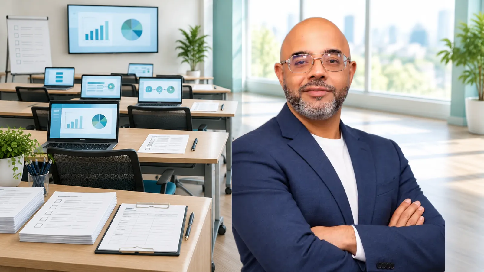 Noel D'Costa in a training room set up for user acceptance testing with scripts and sign-off sheets
