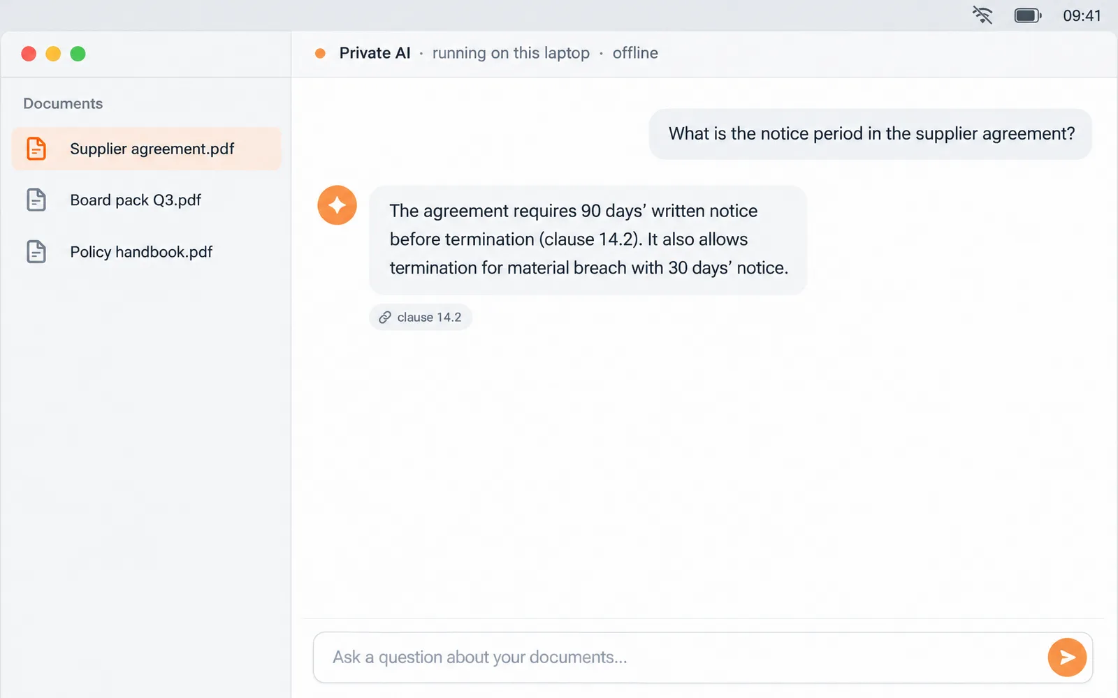 A private AI answering a question about a document with Wi-Fi switched off