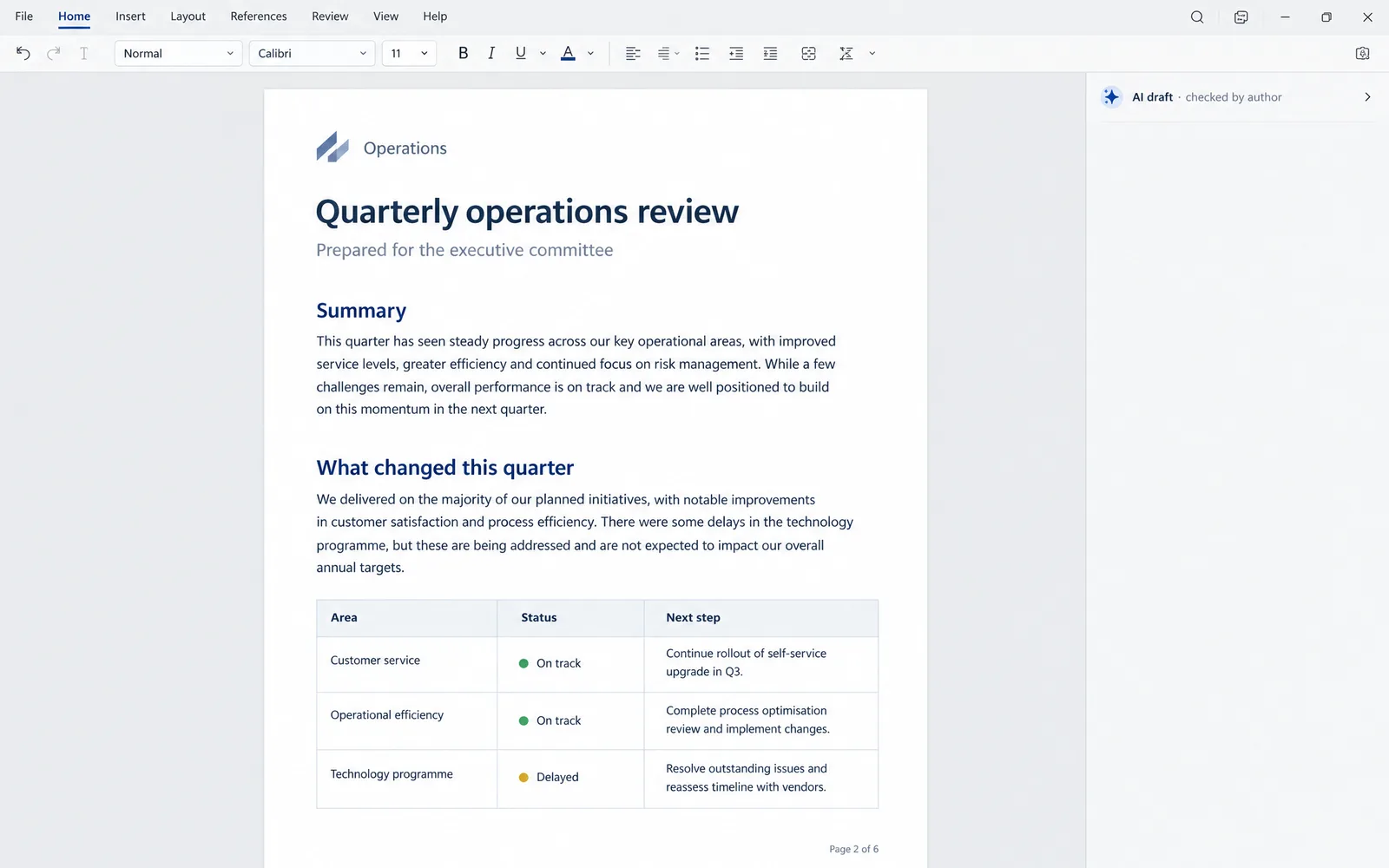 A finished report with headings and a table, drafted with AI